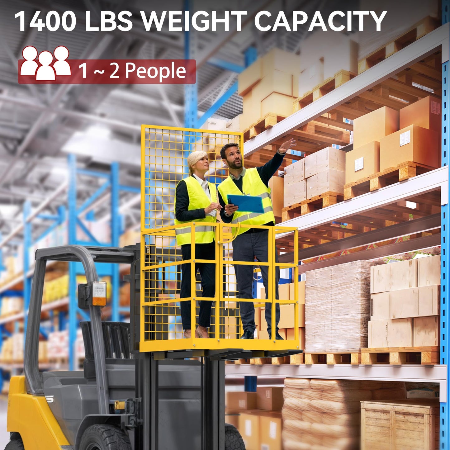 YITAMOTOR 43"x45" Forklift Safety Cage, 1400 LBS Yellow Capacity Forklift Work Platform with Safety Harness, Collapsible Lift Basket Aerial Platform for Lifting Loader