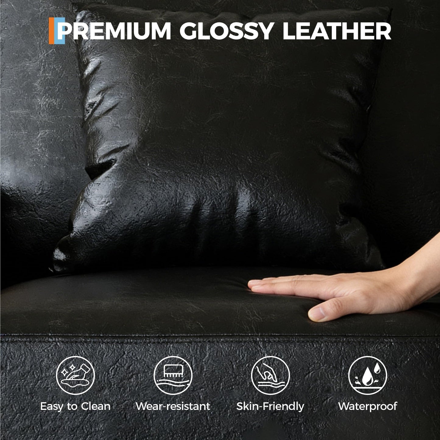 Garvee 86" Faux Leather Sofa, Modern Deep Seat Couch with 2 Throw Pillows, Upholstered Cushion & Removable Cover, Comfy Leather Couch for Small Space, Apartment, Living Room Lounge, Black