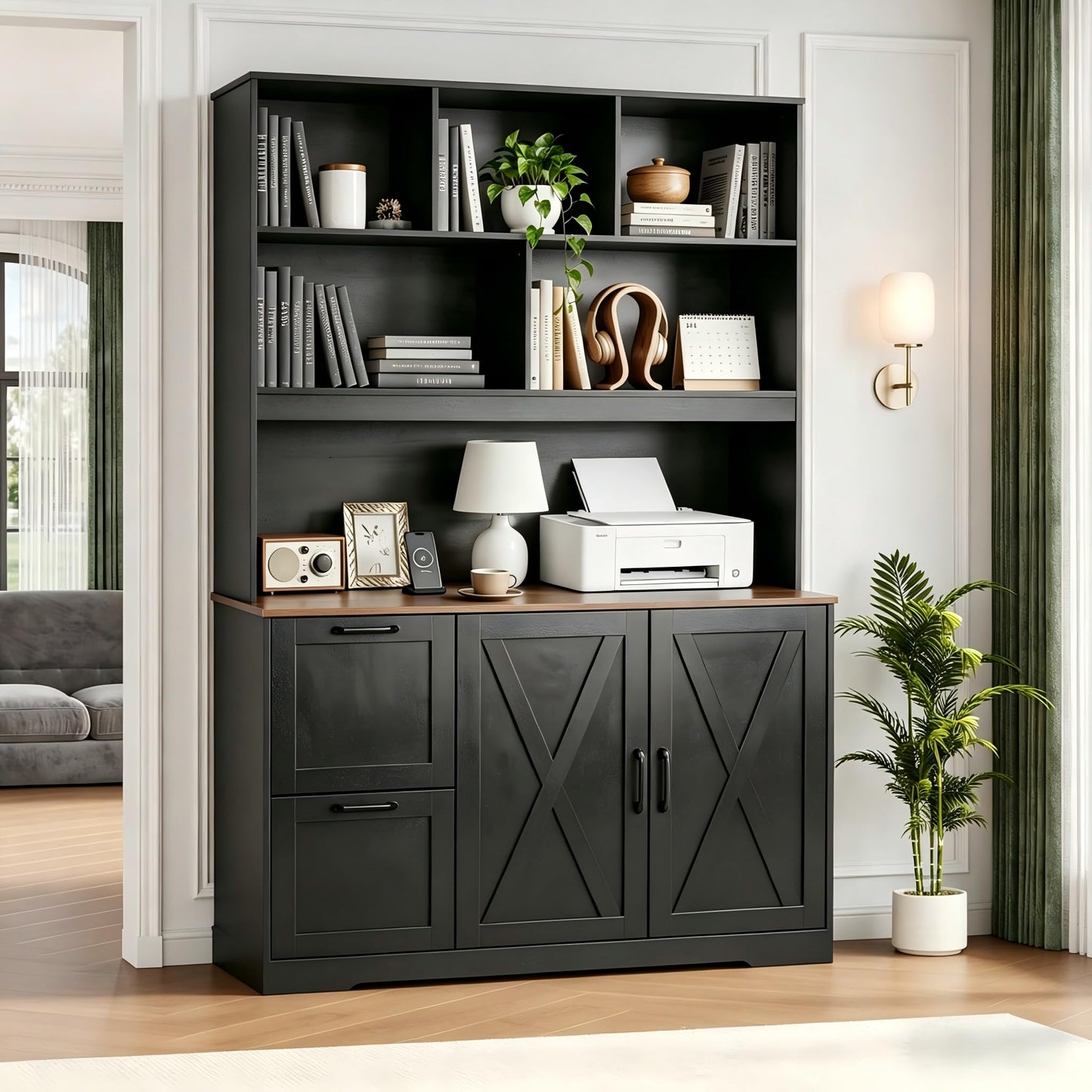 NORTHSKY 72'' Tall Bookshelf with Power Outlet, 2 Drawer File Cabinet for A4 Hanging Files, 3-Tier Open Shelves & Closed Storage Cabinets, Multifunctional Printer Stand - Black