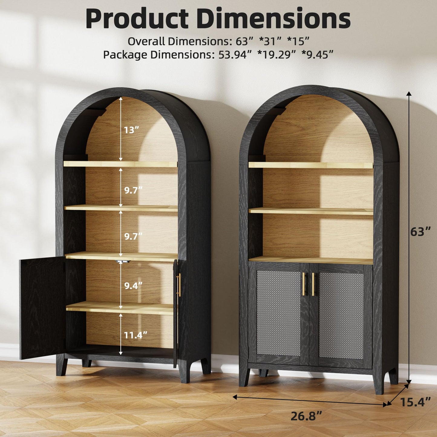 Trygoal 63" Black Arched Cabinet with Doors, 5-Tier Arched Bookshelf with Storage Wood Storage Cabinet with Adjustable Shelves for Kitchen, Living Room, Office, Black & Rattan