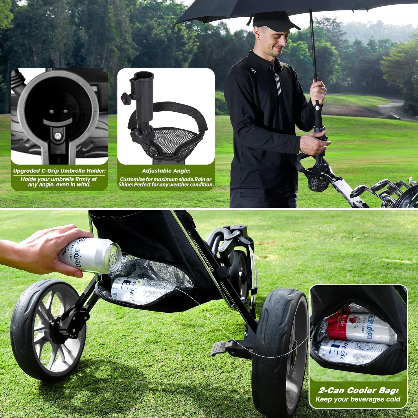 Tedycatt 360 Golf Push Cart: Lightweight Folding Swivel 3 Wheels Golf Caddy with Foot Brake, Cooler Bag, Drink& Umbrella Holder, Black Frame Gray Wheels
