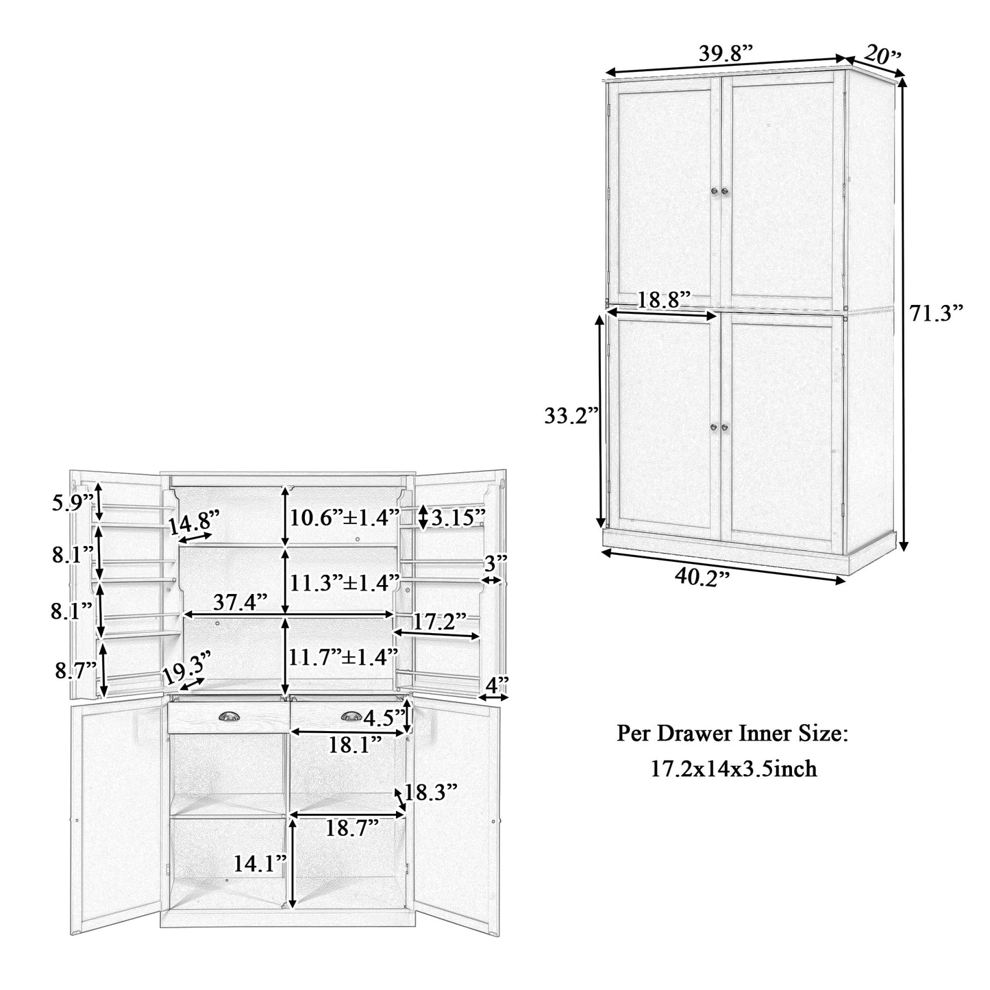 Merax 71.3" Tall Kitchen Storage Cabinet Pantry Wood Freestanding Large Cupboard with 2 Drawers,2 Adjustable Shelves,8 Door-Shelf for Dining Room,Grey