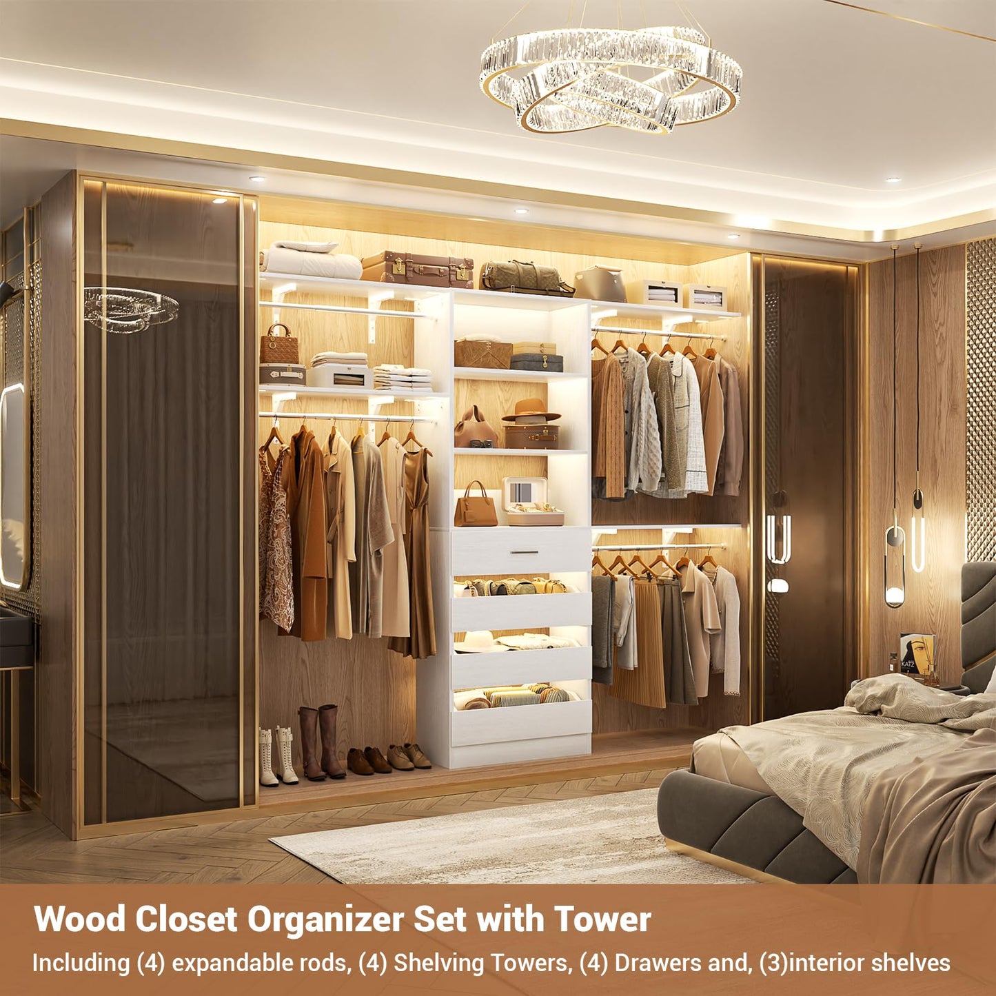 Aheaplus Closet System with Drawers, Wood Closet Organizer System with 4 Hanging Rods & Top Shelves, Walk-in Closets Organizer Wardrobe Clothes Rack System, Cut Fits Spaces 4-9FT. Wide, White