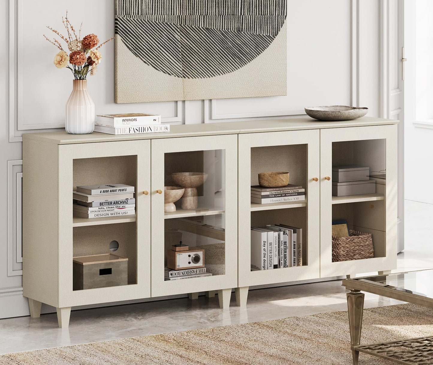WAMPAT TV Stand for 75+ Inch TV, Media Console w/Glass Doors, Light Beige
