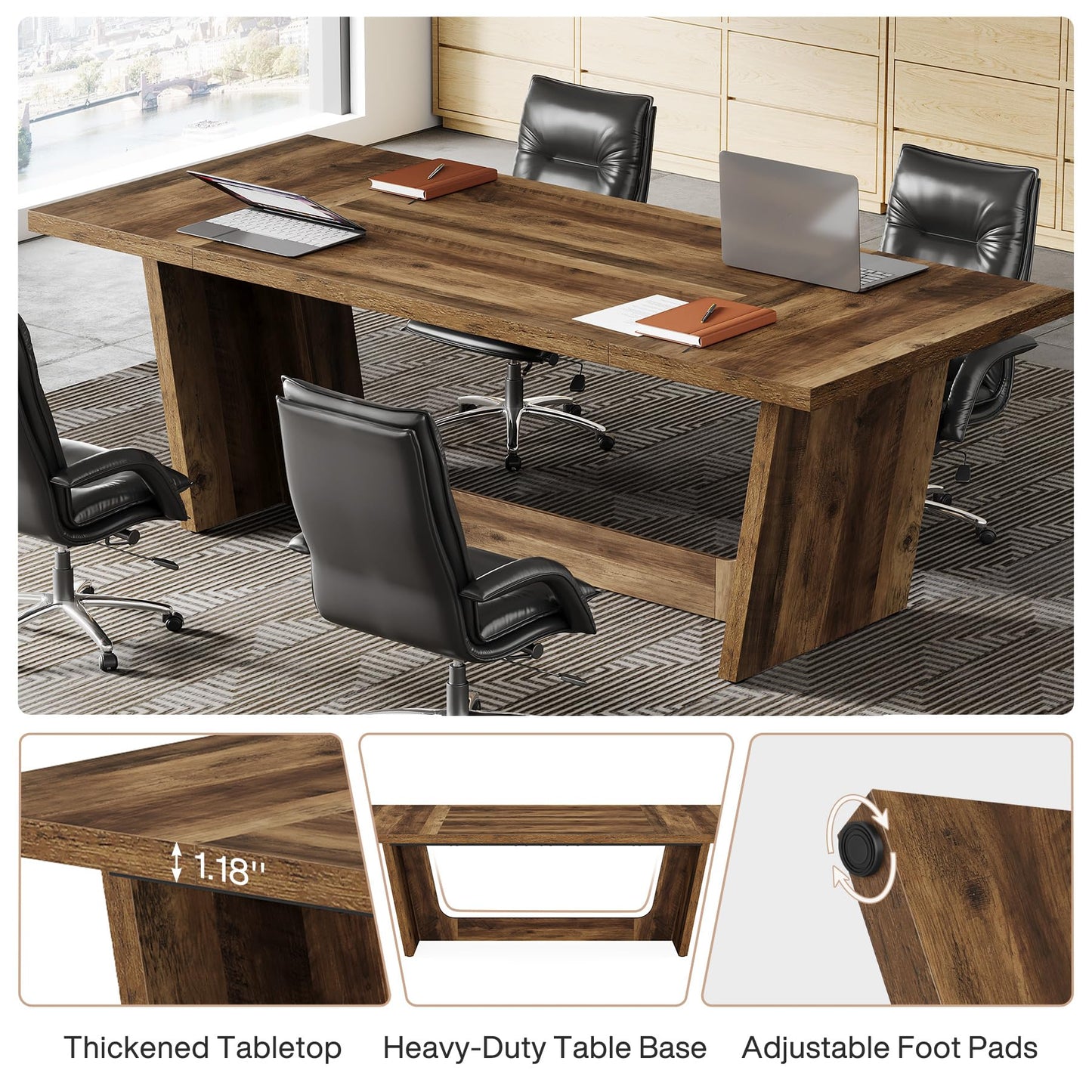 Tribesigns 6 FT Conference Room Table, 71”Large Executive Seminar Desk for 6–8 People, Rectangular Meeting Table for Office, Heavy-Duty Business Boardroom Table with Wooden Pedestal Base, Dark Brown