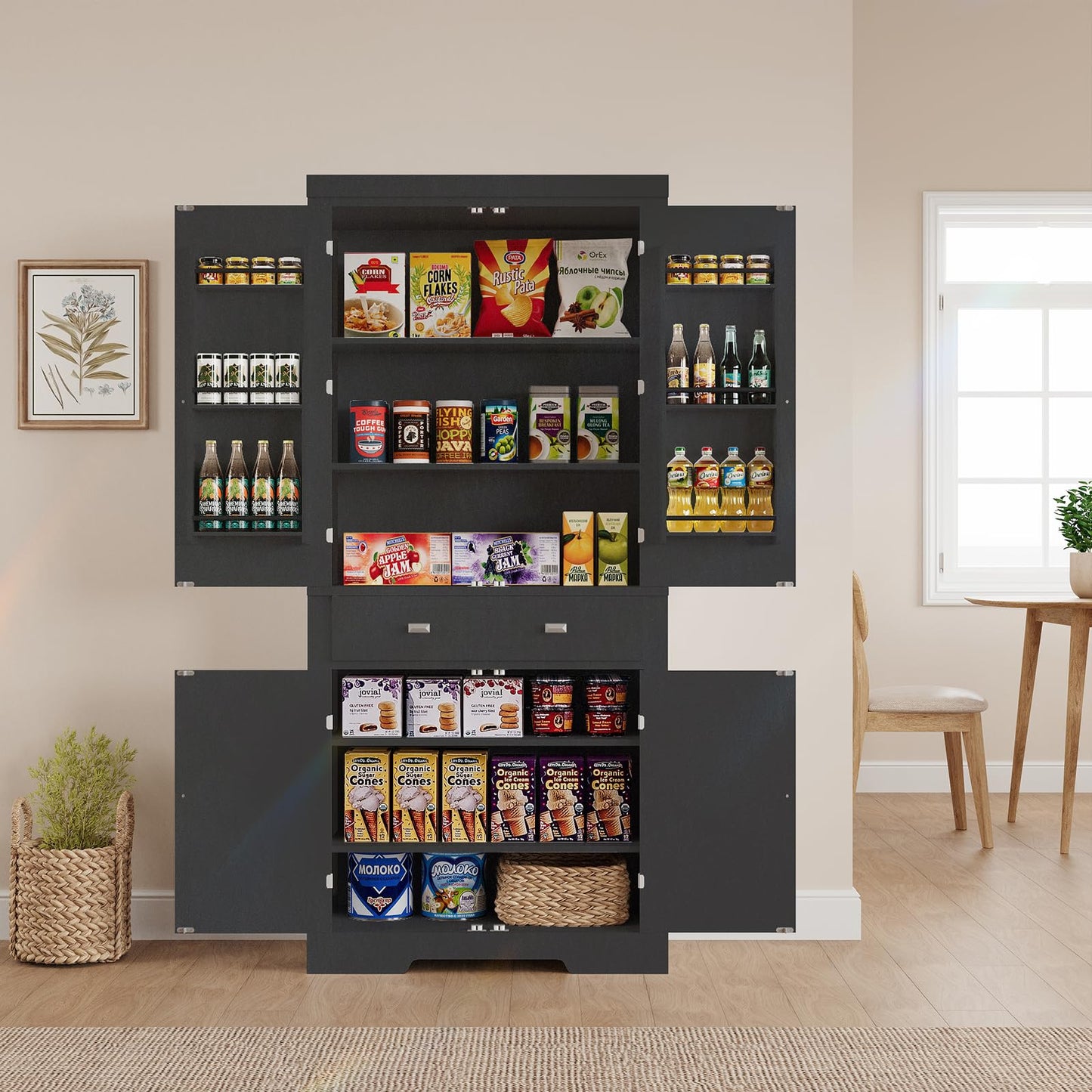 72" Kitchen Pantry Cabinet, Kitchen Pantry with 6 Door Shelves, 2 Cabinets and 1 Drawer, Tall Storage Cabinet for Living Room, Dining Room, Black