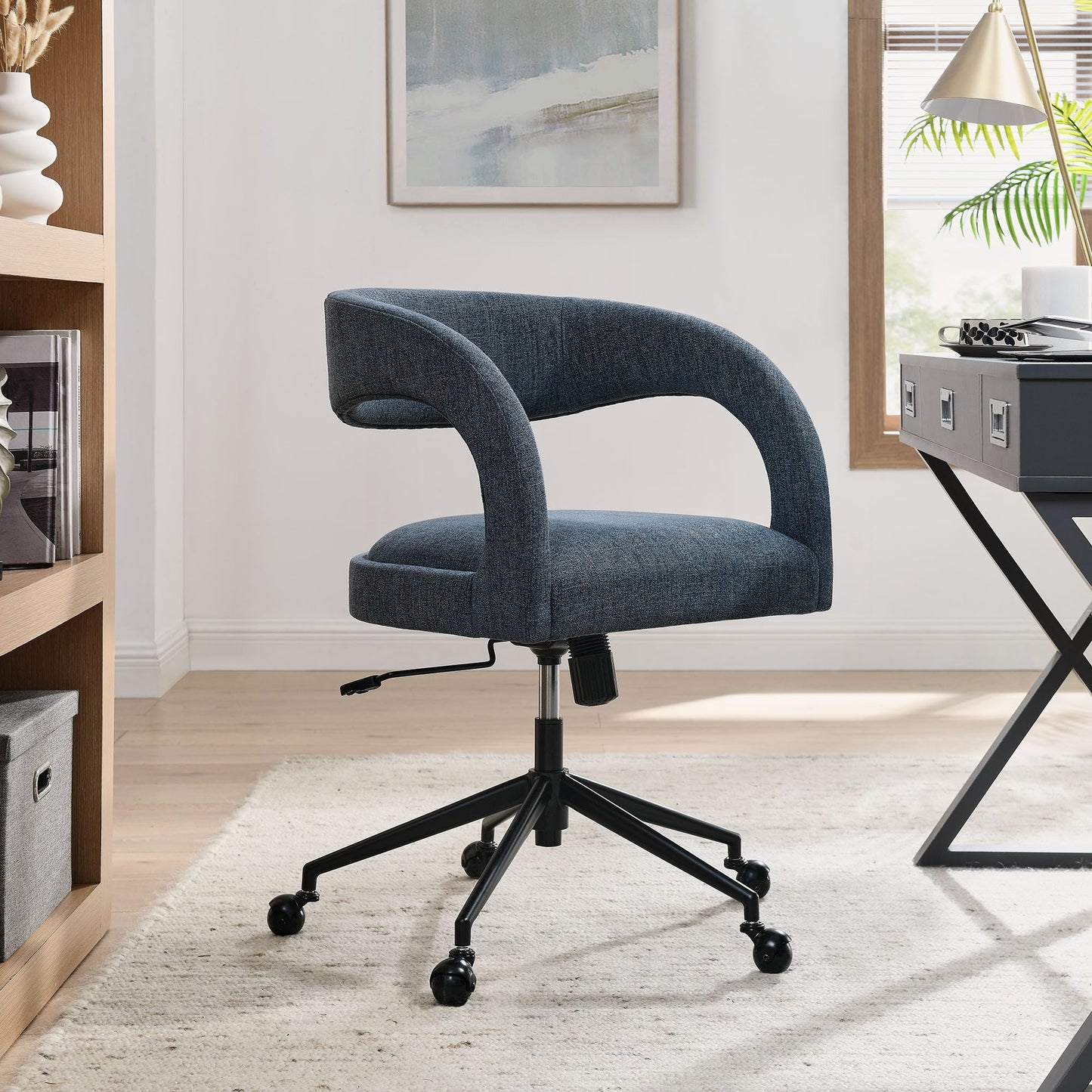 Modway Pinnacle Upholstered Office Chair in Slate Blue Slub Weave Fabric – Adjustable Height Barrel Office Armchair with Rolling Wheels – Home Office, Study, or Bedroom Desk Chair