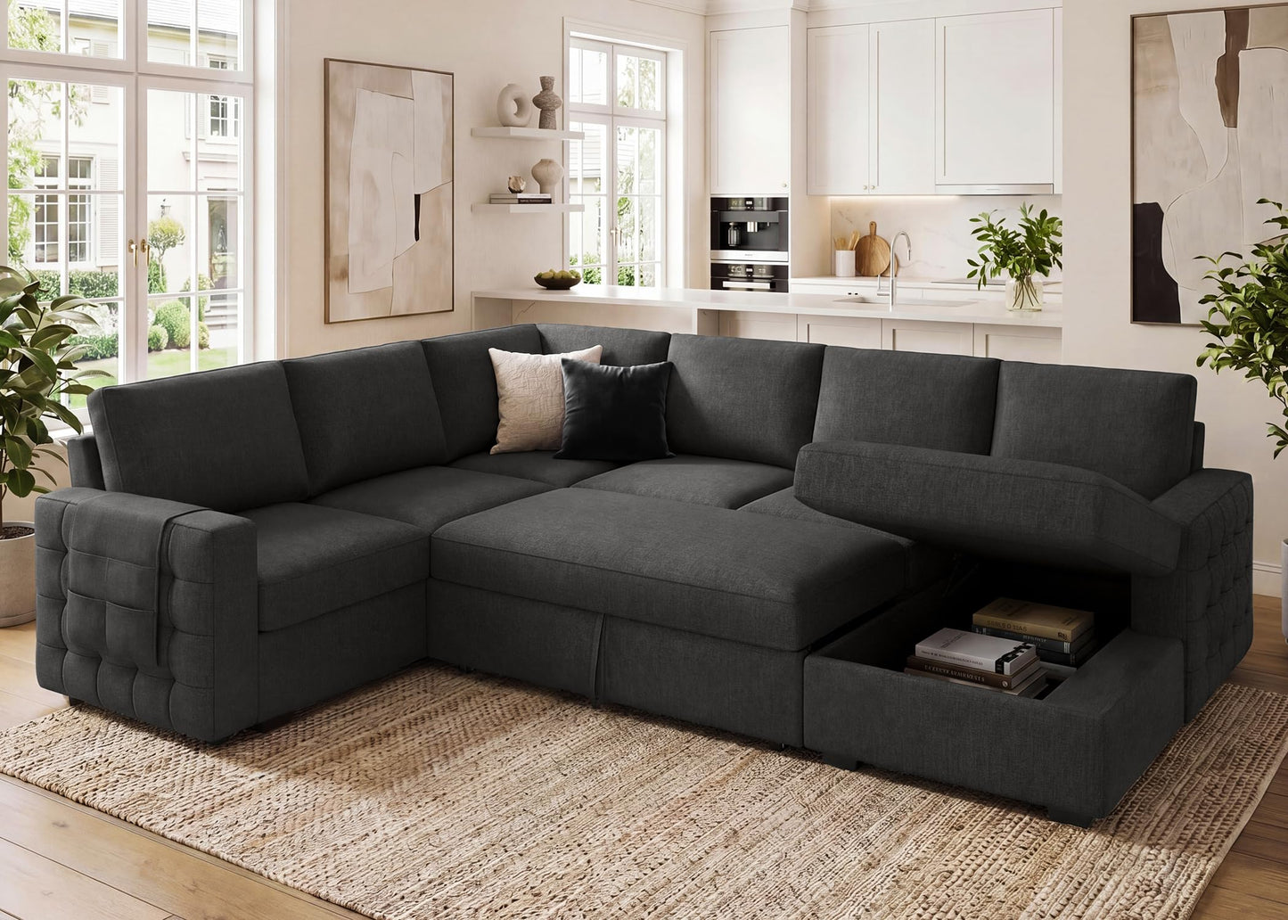 HONBAY Sectional Couch with Pull Out Bed, Sectional Sleeper Sofa with Storage, U Shape Couches for Living Room, Dark Grey