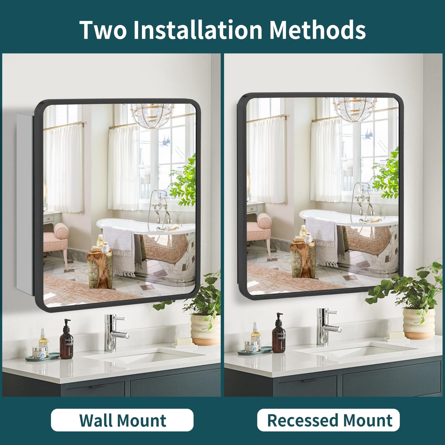 Movo 24 inch X 22 inch Medicine Cabinet with Mirror,Black Medicine Cabinets for Bathroom,Adjustable Glass Shelves, Waterproof and Rust-Resist,Recessed or Surface Mount Medicine Cabinet