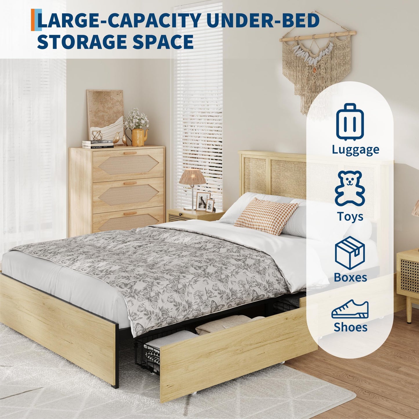 GarveeLife Full Size Boho Rattan Platform Bed Frame, Premium Cane Weave Headboard Design, Reinforced Metal Foundation Support, Space Saving Pull Out Drawers for Storage, Modern Bedroom Furniture Set