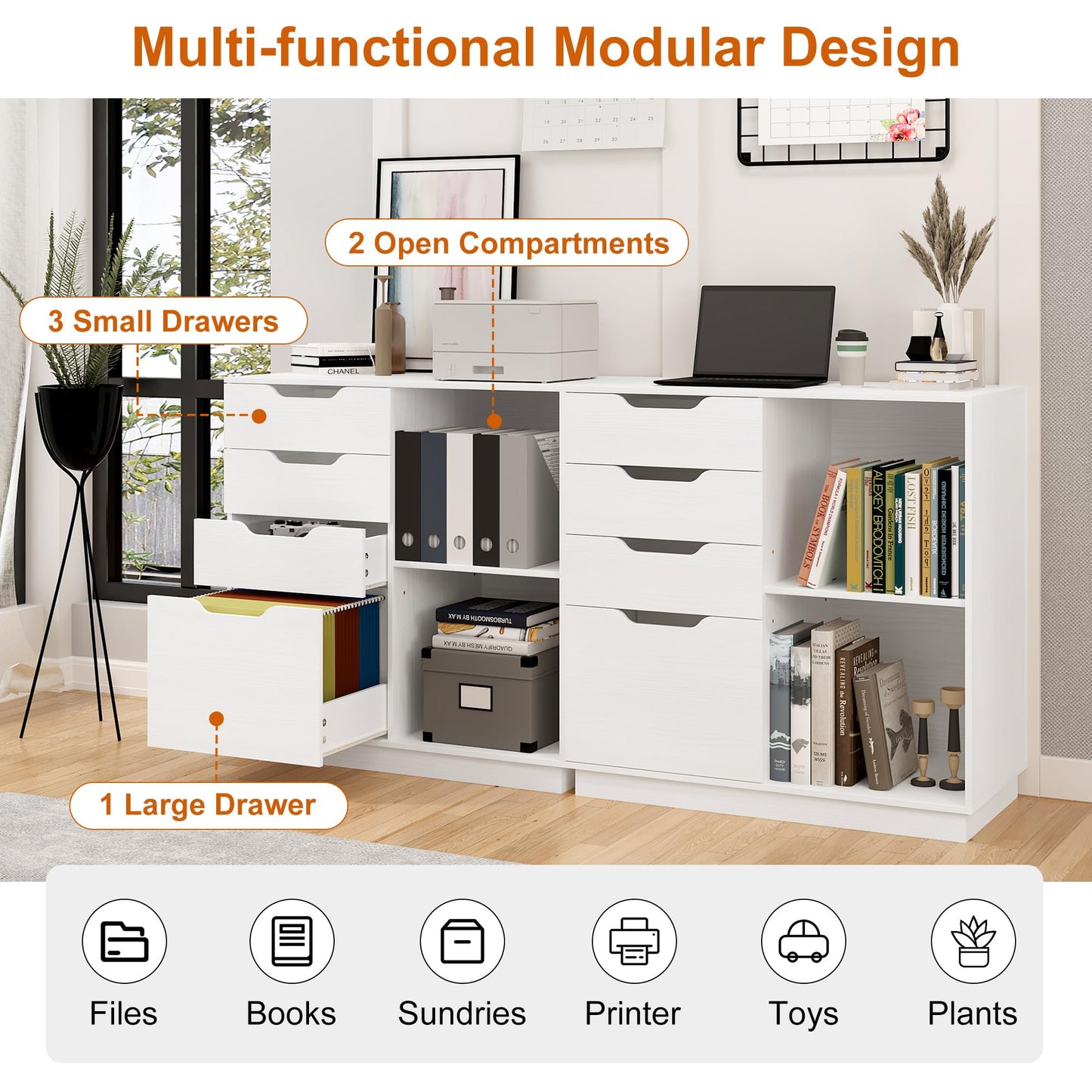 TQVAI 4 Drawer Filing Cabinet Organizer with 2 Open Shelves, Heavy Duty for Storing Letter A4 Size and Printer, Wood Lateral File Cabinets for Home Office, Hanging Files, White, Easy Assembly