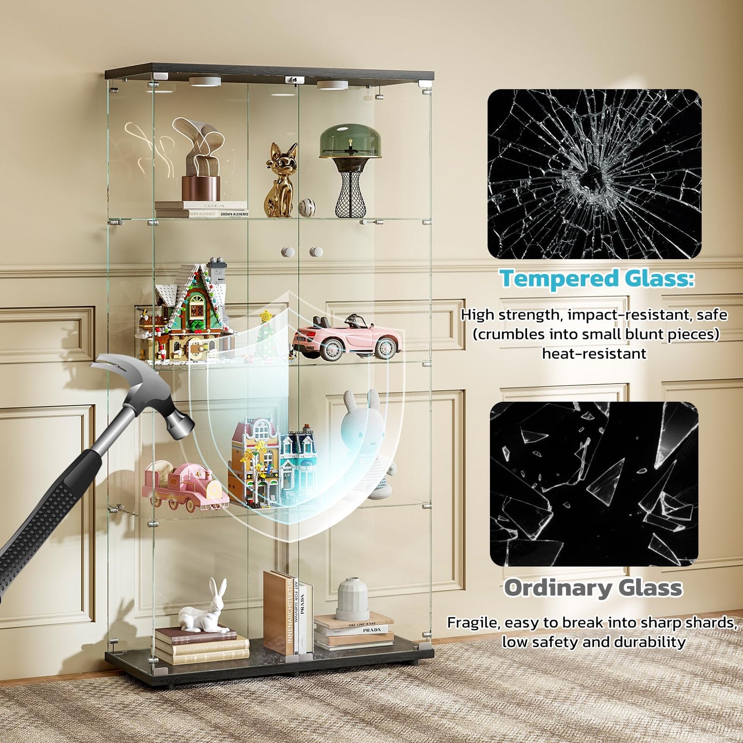 Kiivakii 4 Tier Tempered Glass Display Cabinet with Lights, Curio Cabinet with Lockable Glass Doors, Display Case for Collectibles, Living Room, Bedroom, Office, Black Double Door