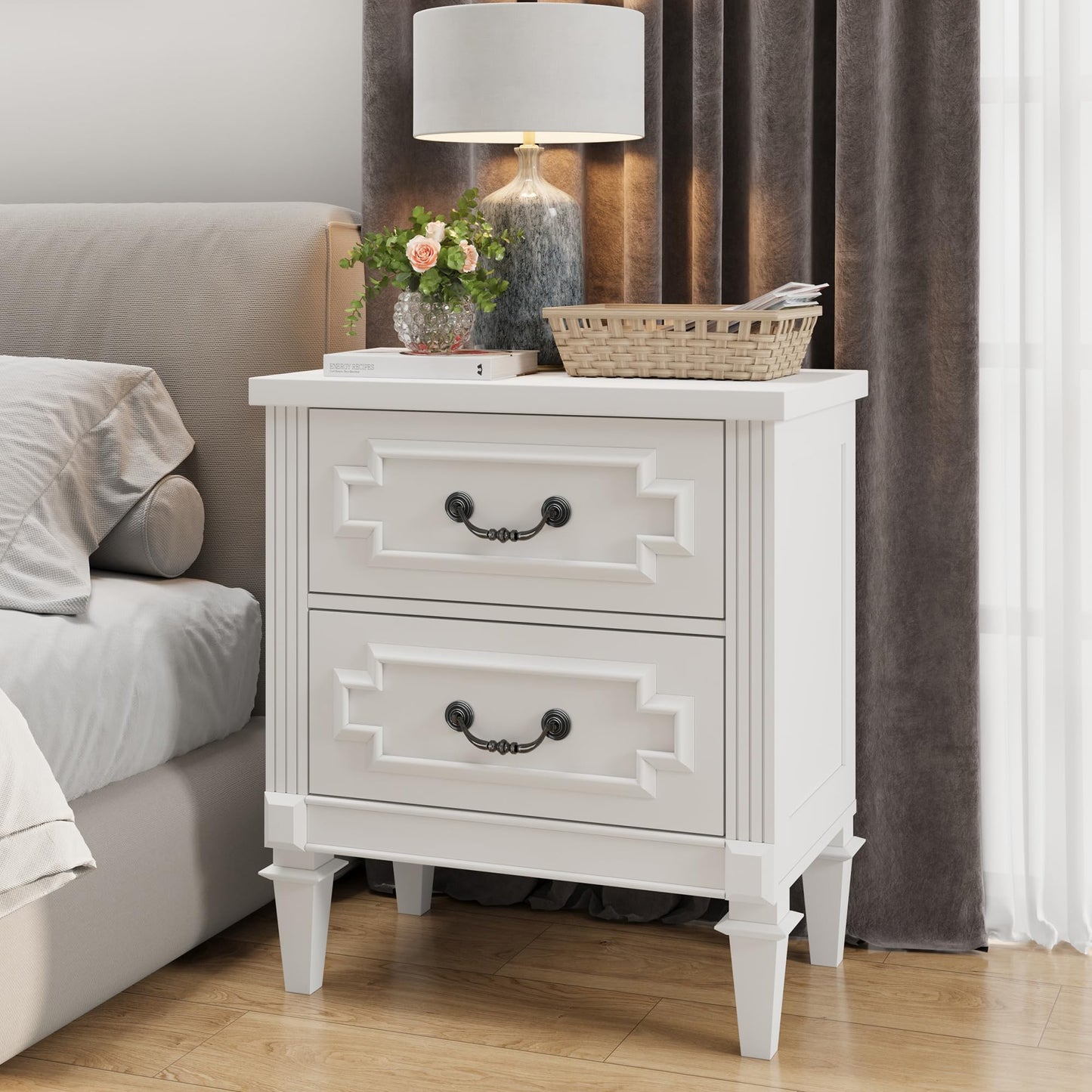 BOSHIRO Nightstand wtih Vintage Surface, 30" End Table, Side Table with 2 Drawers Storage Cabinet Chest for Bedroom, Living Room, White