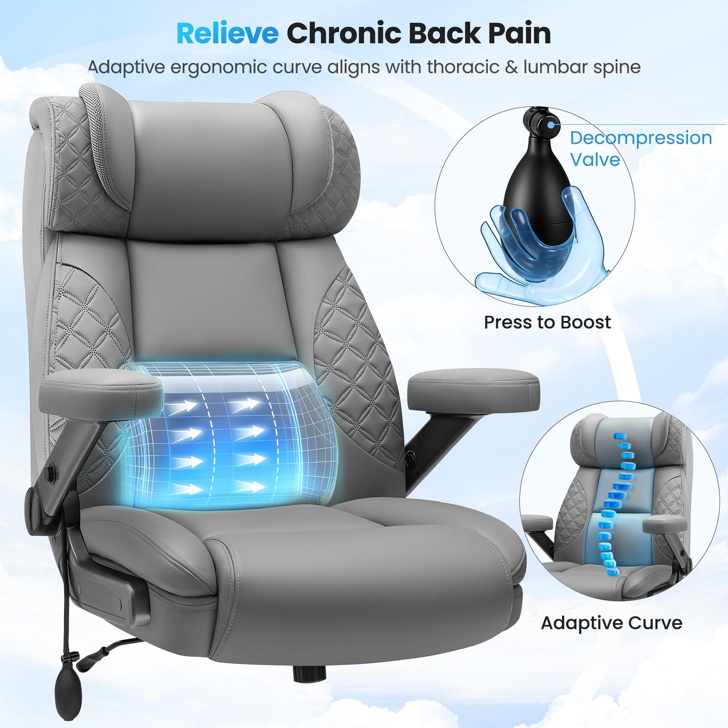 Big and Tall Office Chair for Heavy People, 500LBS Wide Seat Computer Desk Chair, Extra Large Executive Gaming Chair with Adjustable Lumbar Support and 5D Flip Arms, Comfy Heavy Duty Office Chair