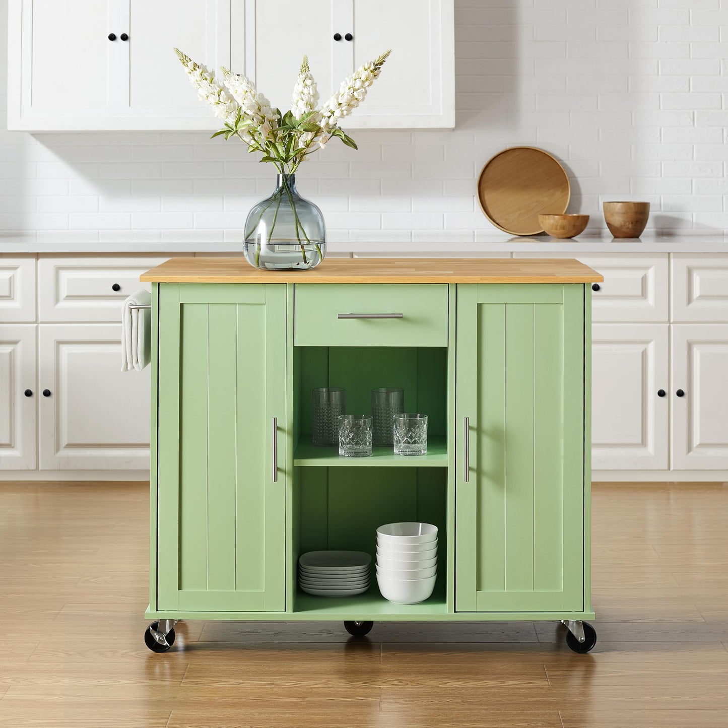 Crosley Furniture Stella Rolling Storage Cart and Kitchen Island with Shelves, Microwave Stand, Coffee Bar, Mint/Natural
