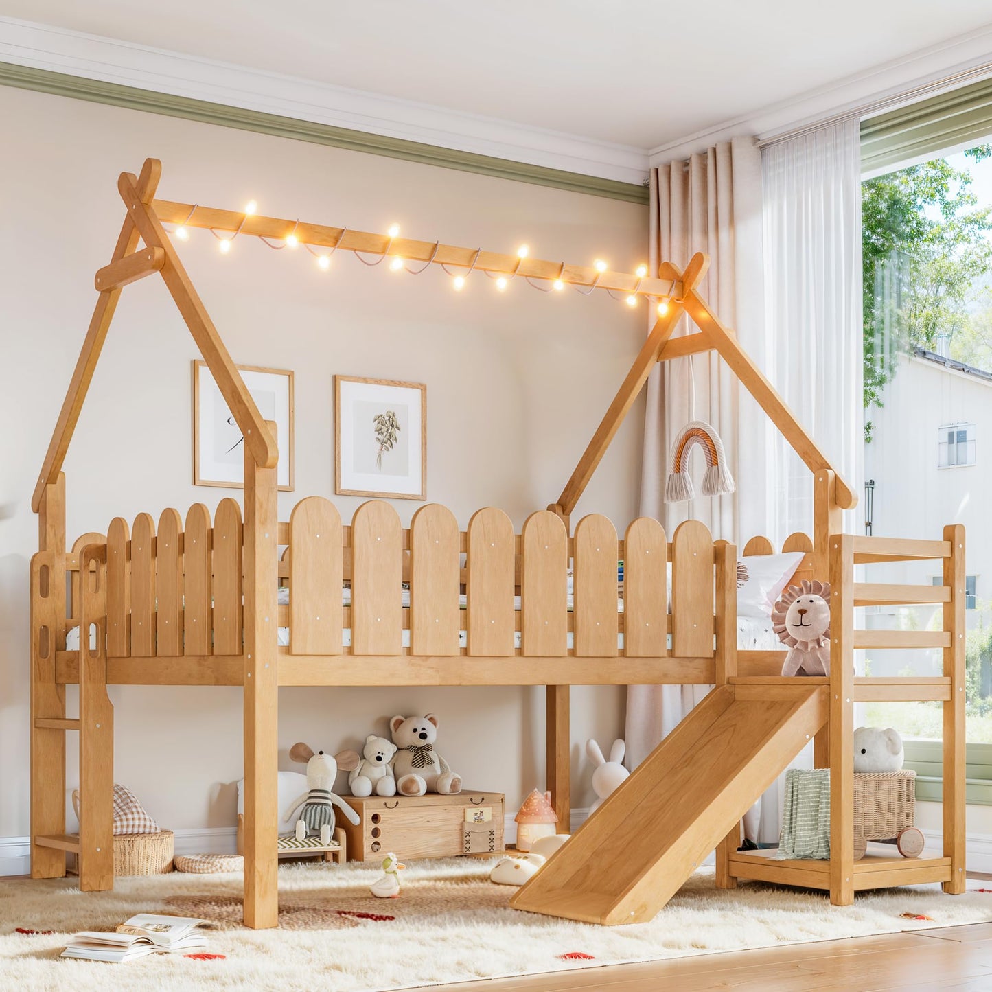 KEIKI Full Size Wooden House-Shaped Loft Bed Frame with Stairs & Ladders & Storage Shelves, for Girls and Boys, Low Loft Bed with Round Shape Guardrails & Slats, Easy Assembly, for Bedroom, Natural