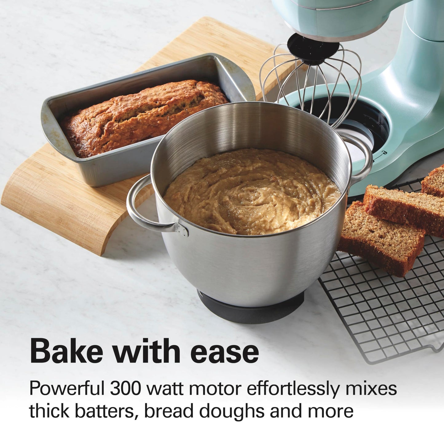 Hamilton Beach Electric Stand Mixer, 4 Quarts, Dough Hook, Flat Beater Attachments, Splash Guard, 7 Speeds with Whisk, Easy-Carry Top Handle, Aqua