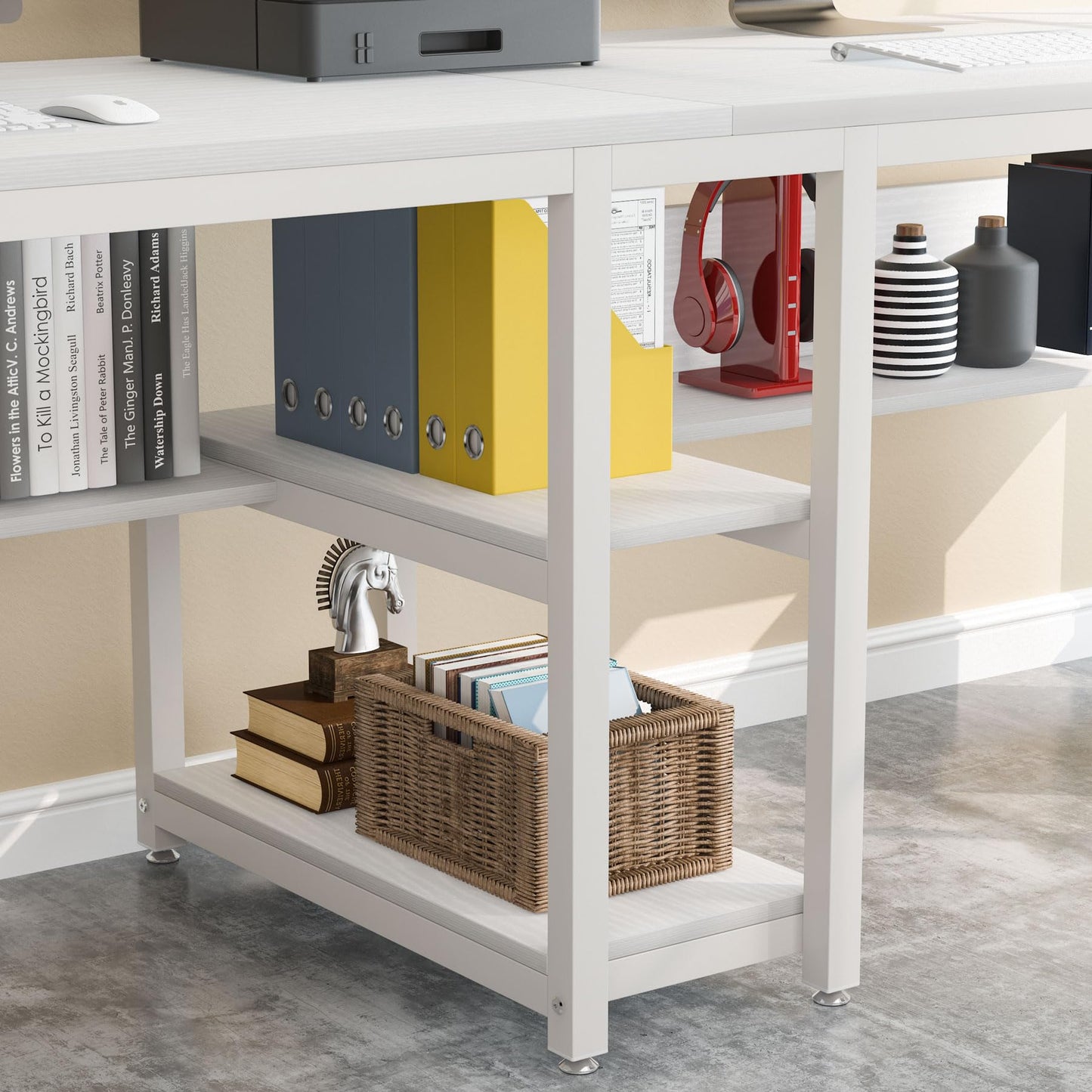 Tribesigns Two Person Desk with Bookshelf, 78.7 Computer Office Double Desk for Two Person, Rustic Writing Desk Workstation with Shelf for Home Office (White)