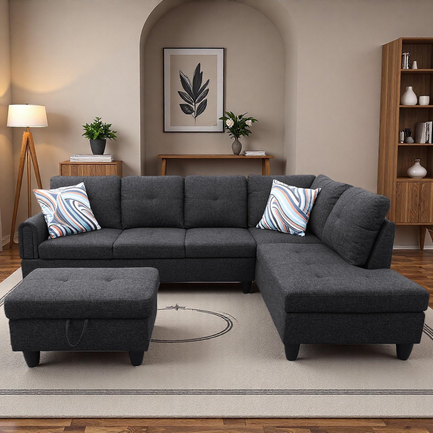 Topcomfy 97.5" L Shaped Couch Set, Modular Sectional Couches for Living Room with Storage Ottoman, 4 Seat Home Sofa Living Room Furniture Sets with Chaise for Apartment Office (Linen, Black Grey)