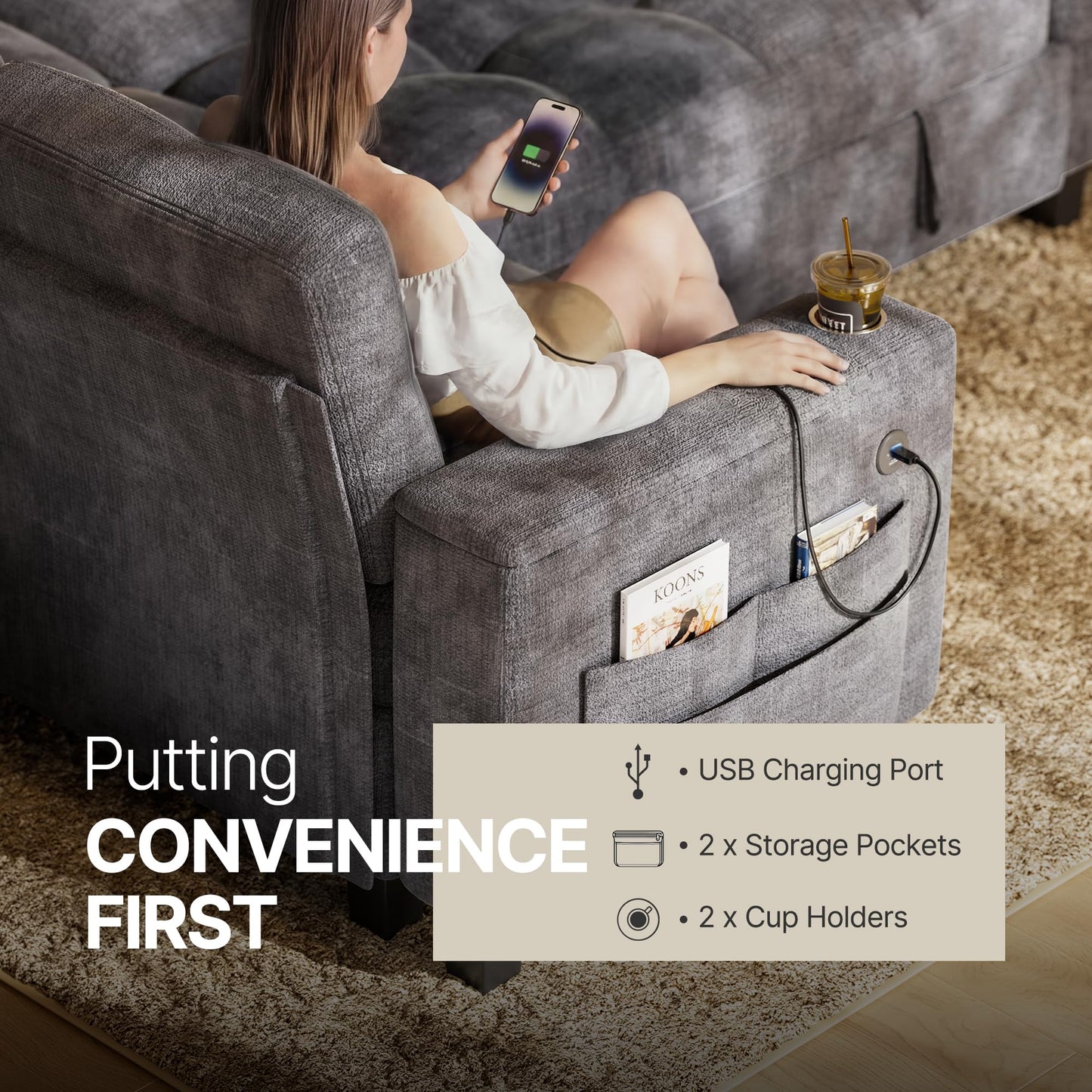 Marsail 110" Sectional Sleeper Sofa with Pull Out Bed, 7 Seat Modular Sectional Couch with Storage, USB & Cup Holders, Modern Chenille Cloud Sofa for Living Room, Light Gray