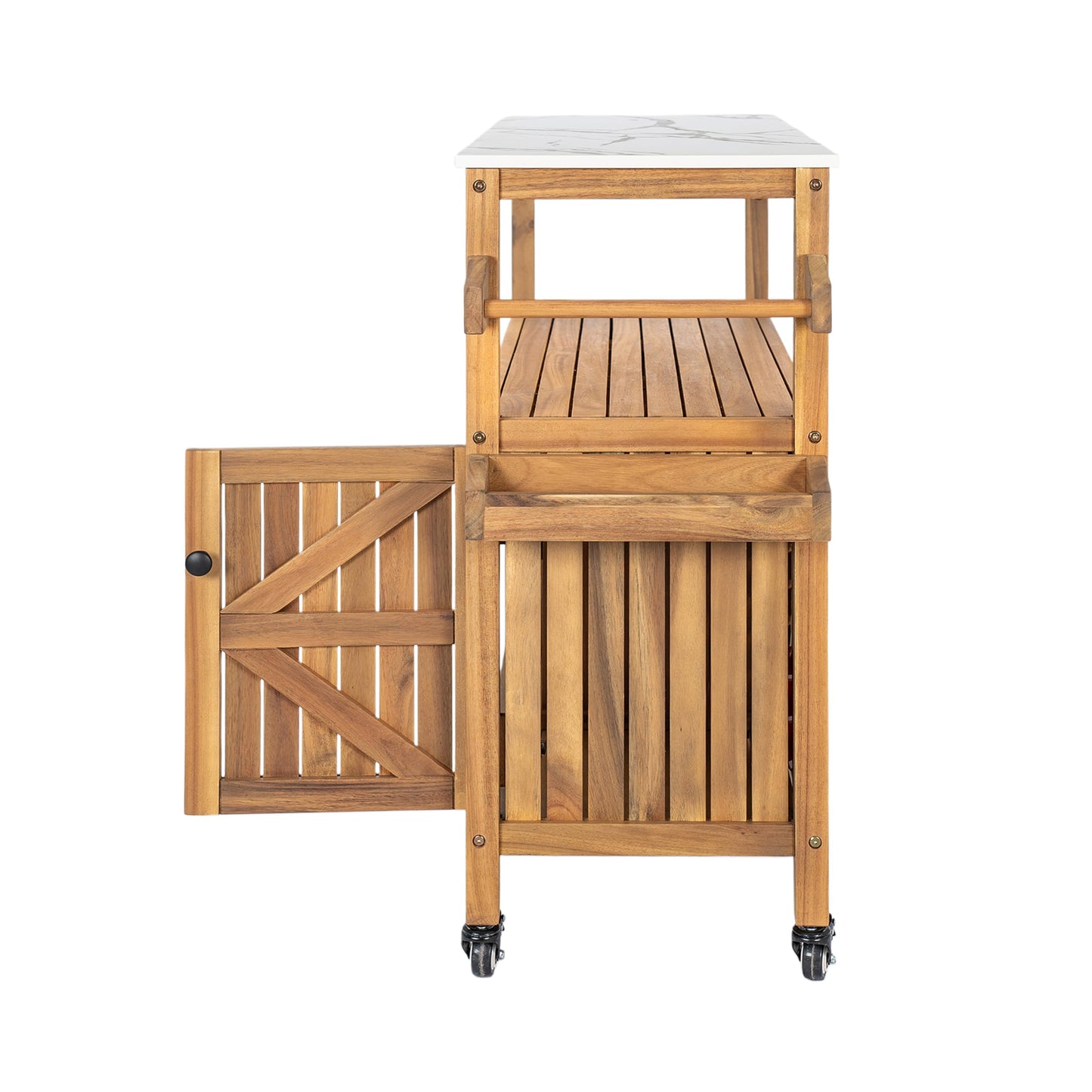Merax Outdoor Patio Acacia Wood Bar Cart, Natural Finish with Marble-Effect Top, Lockable Wheels & Bottle Holders, Indoor-Outdoor Serving Cart