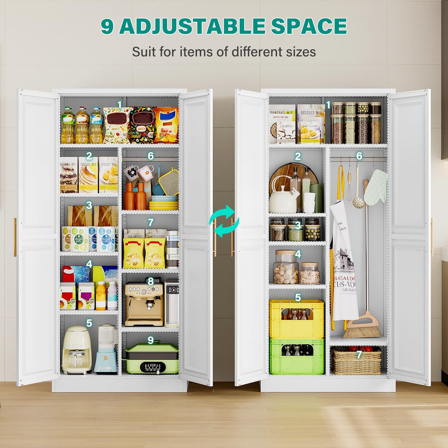 SISESOL 71" Tall Storage Cabinet with 9 Shelves and Hanging Rod,Kitchen Pantry Cabinet with 2 Door,White Metal Storage Cabinets,Large Cupboard for Home,Kitchen,Laundry,Bathroom