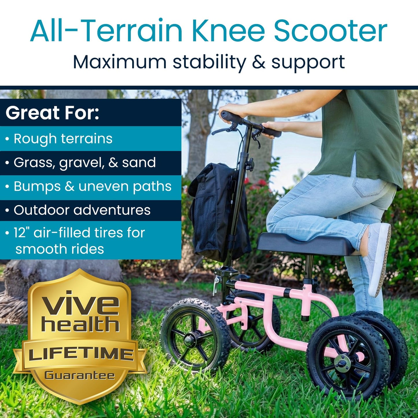 Vive Mobility All Terrain Knee Scooter Walker for Foot Injuries - Adult Broken Leg Crutch Cart Roller for Surgery, Broken Foot, Ankle Injury - Kneeling Rolling Steerable Seated Wheel Scooter Aid