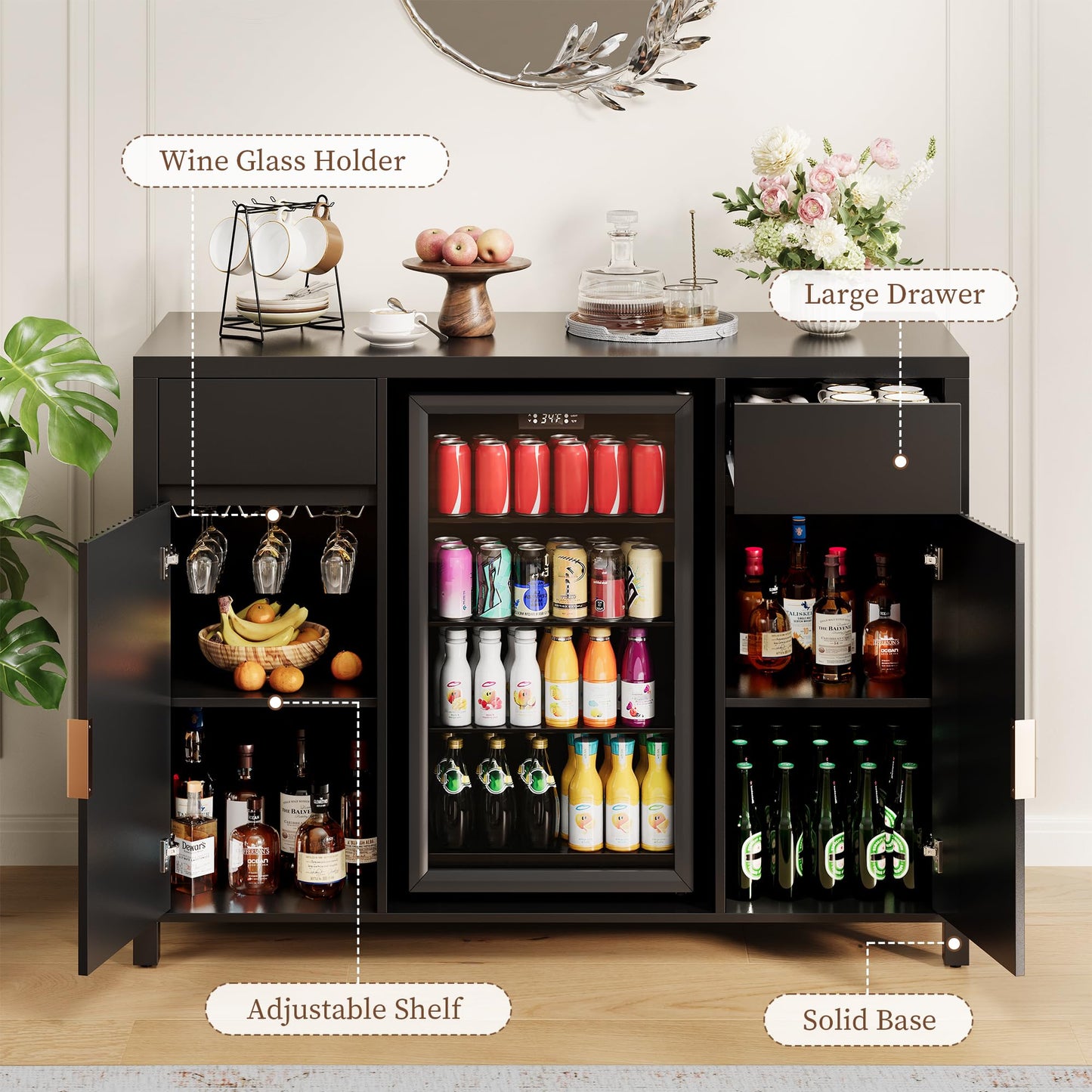 Garvee 53" Coffee Bar Cabinet with Fridge Space & Charging Station, Mini Fridge Cabinet with Wine Rack, Large Buffet Sideboard Table, Fluted Liquor Cabinet for Living Room, Dining Room, Kitchen, Black