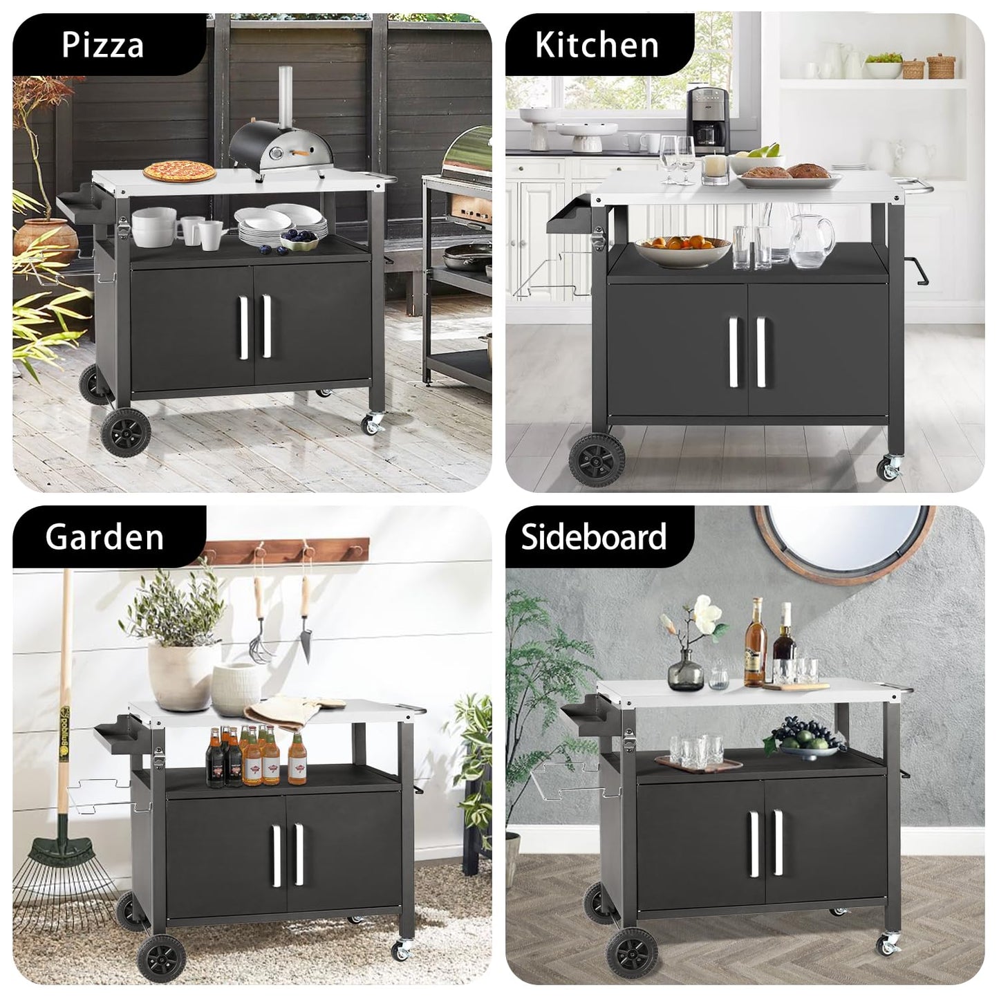 Kendane Grill Cart Table with Big Storage Cabinet, Movable Outdoor Dining Cart Pizza Oven Stand, Kitchen Cart Island Multifunction Food Prep Table Stainless Steel Surface