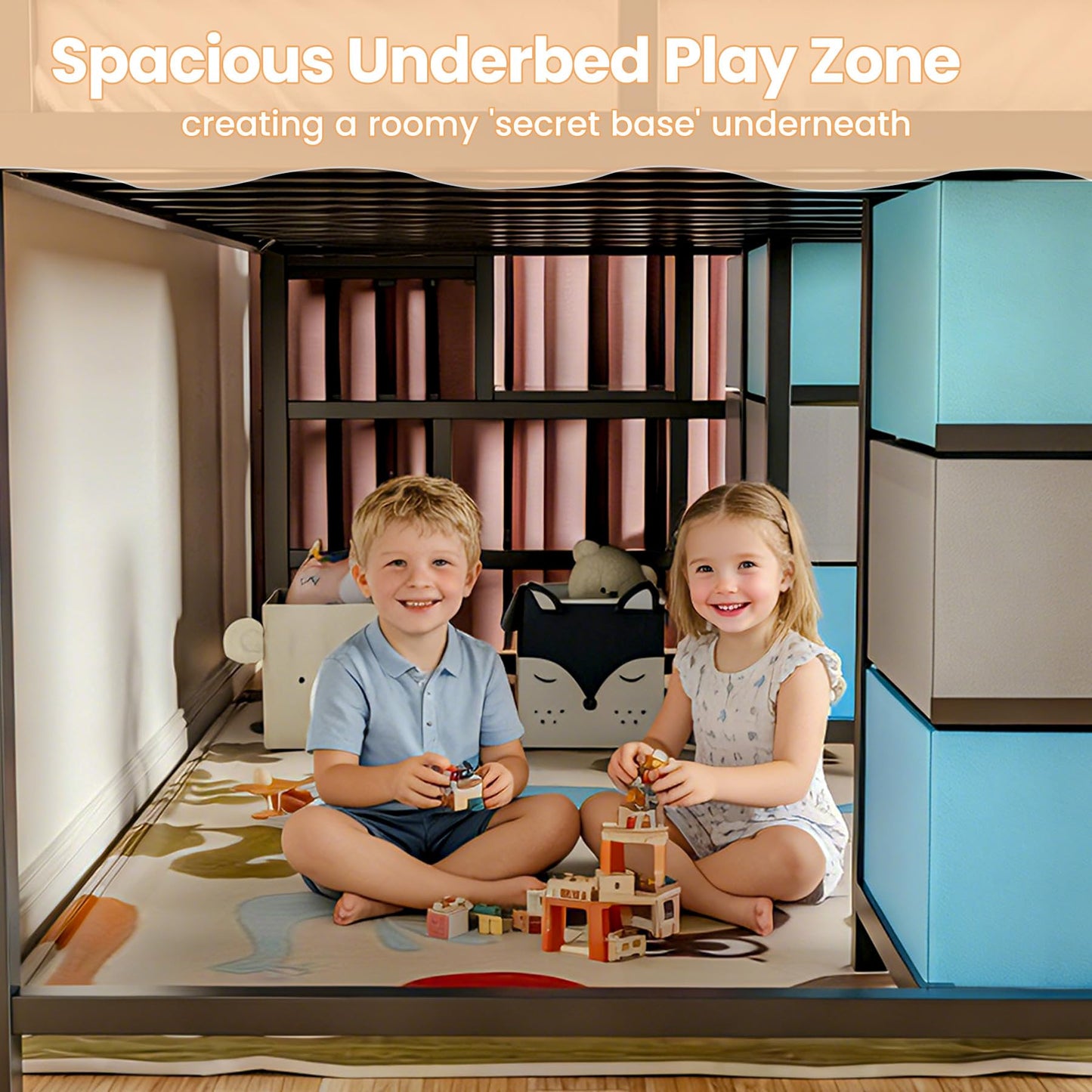 Zerduos Low Loft Bed Full Size with 9 Storage Drawers, Full Loft Bed with Stairs,Bedside Storage, Metal Full Loft Bed for Kids with 11.8" &22.5" H Safety Guardrail, Under-Bed Play Space