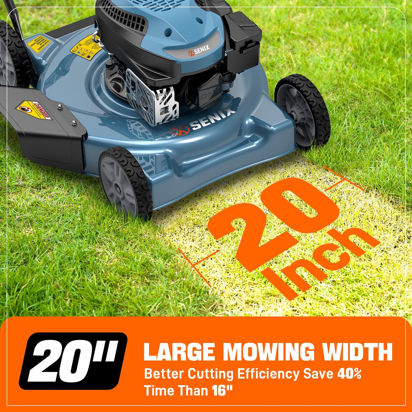 SENIX Lawn Mower, 20" 144 cc Push Mower Gas, 4-Cycle Engine Walk-Behind Push Lawn Mowers, 3 Position Height Adjustment for 1/4 Acre Small Yard Garden, cortadora de pasto