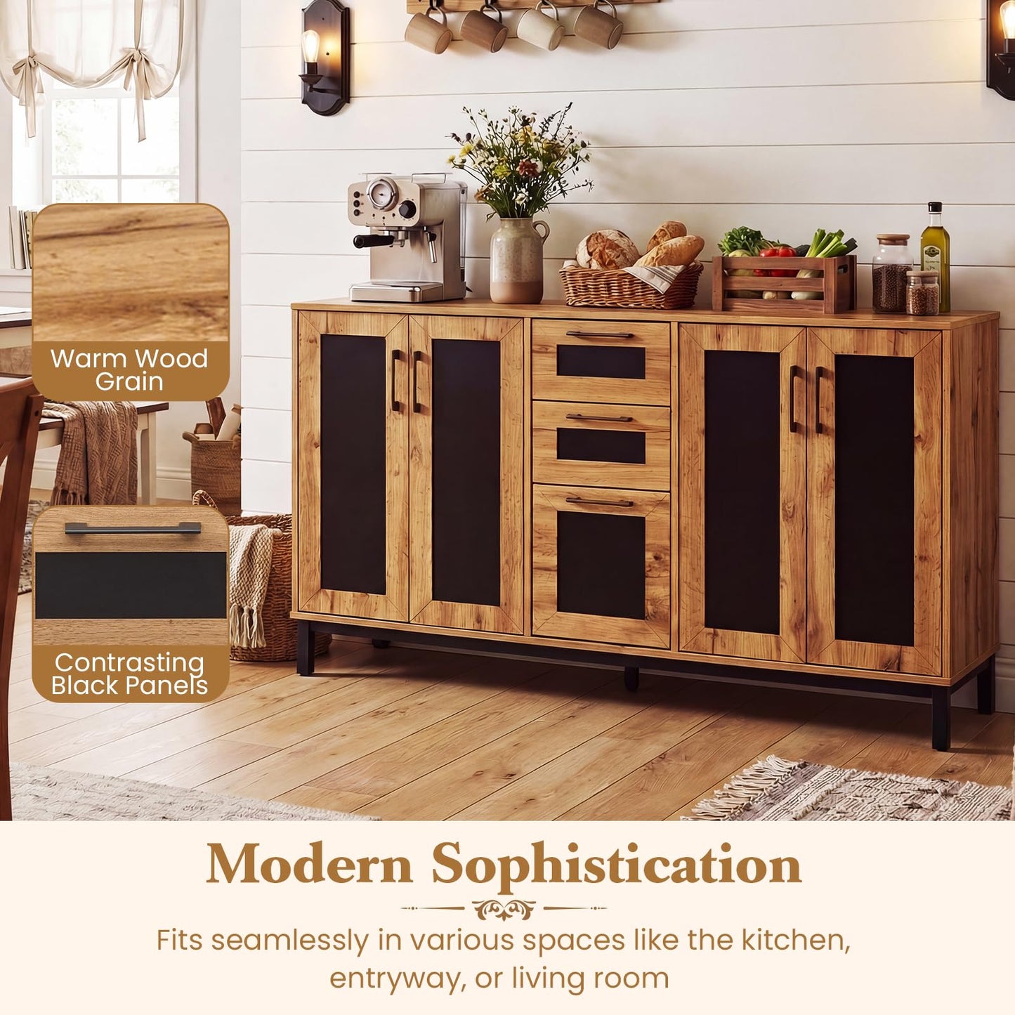 Giantex 63” Sideboard Buffet Cabinet, Large Farmhouse Organizer with 3 Drawers & Storage Shelves, 4-Door Modern Accent Coffee Bar Console Station for Kitchen, Entryway, Living Room