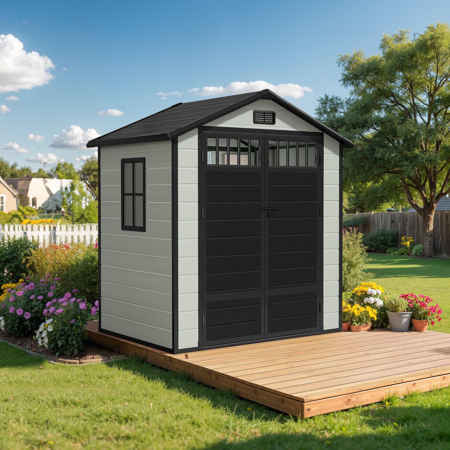 DWVO 6x4.4 FT Resin Storage Shed with Fence-Style and Side Windows, Lockable Door, and Vents for Garden, Backyard, Patio, Lawn, Blue-Gray