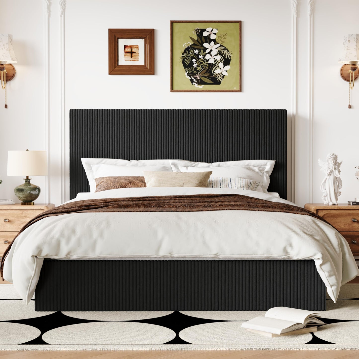 Allewie Queen Bed Frame, Upholstered Platform Bed, Adjustable Vertical Channel Tufted Headboard, Corduroy Fabric, Modern Low Profile, Wooden Slats, No Box Spring Needed, Easy Assembly, Black