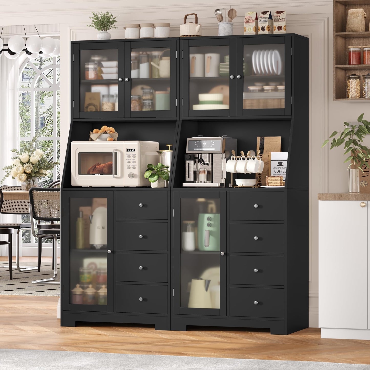 BOTLOG 64'' Kitchen Pantry Storage Cabinet, Tall Kitchen Storage Cabinet with Microwave Stand, Hutch Cabinet with Adjustable Shelves, for Dining Room, Black