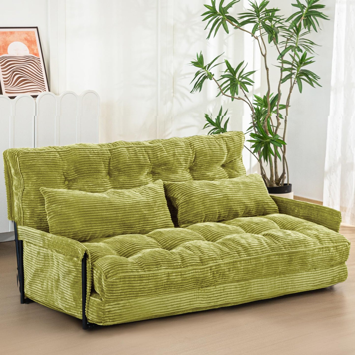 MAXYOYO Adjustable Floor Sofa Couch with 2 Pillows, Multi-Functional Bean Bag Bed, 5-Position Foldable Lazy Sofa Bed with Armrest, Versatile Floor Seating for Reading, Green, Double