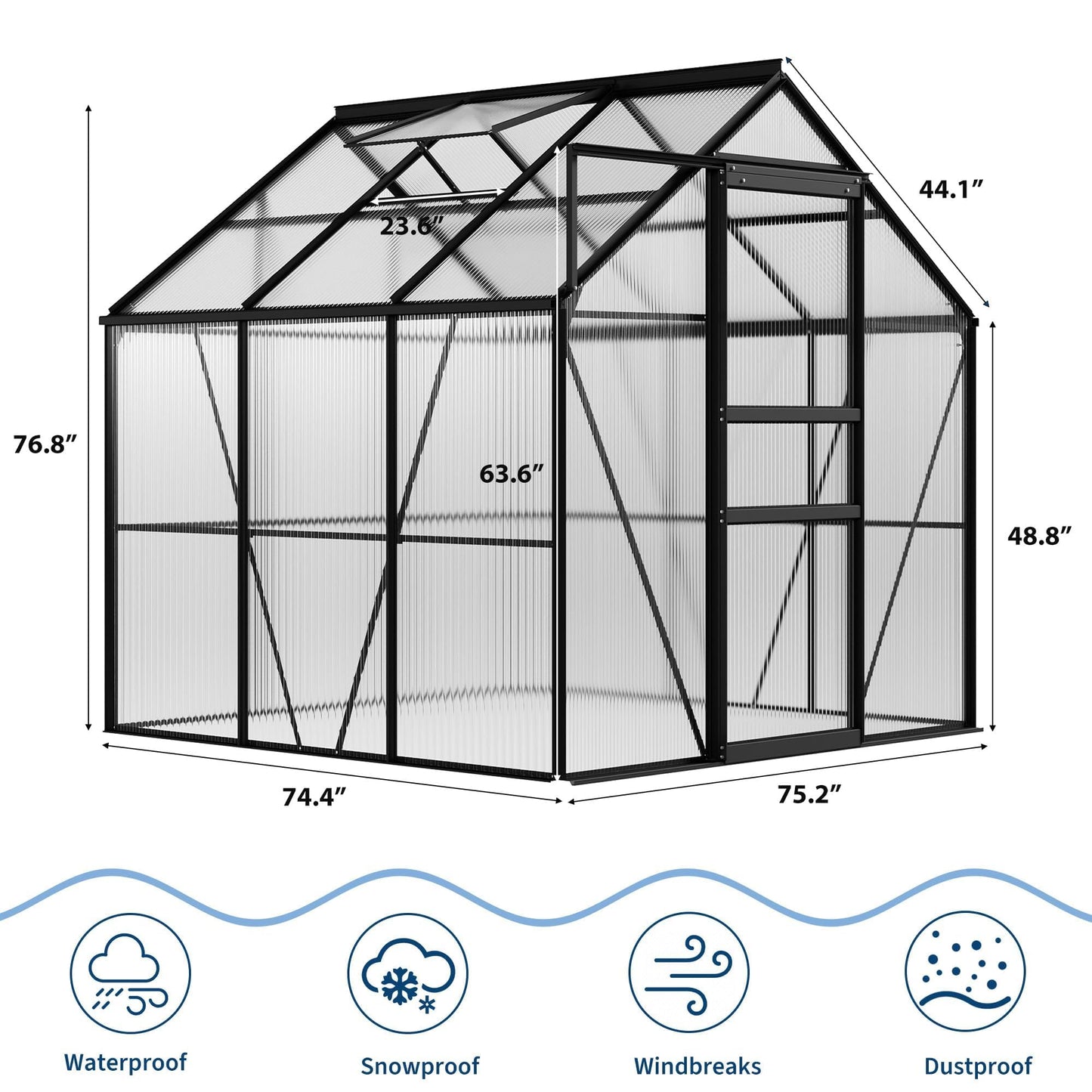 IDEALHOUSE 6x6 ft Polycarbonate Greenhouse with Adjustable Roof Vent, Walk-in Greenhouse for Outdoor Garden Backyard, Heavy Duty Aluminum Frame, 720g/M² PC Panels, Black