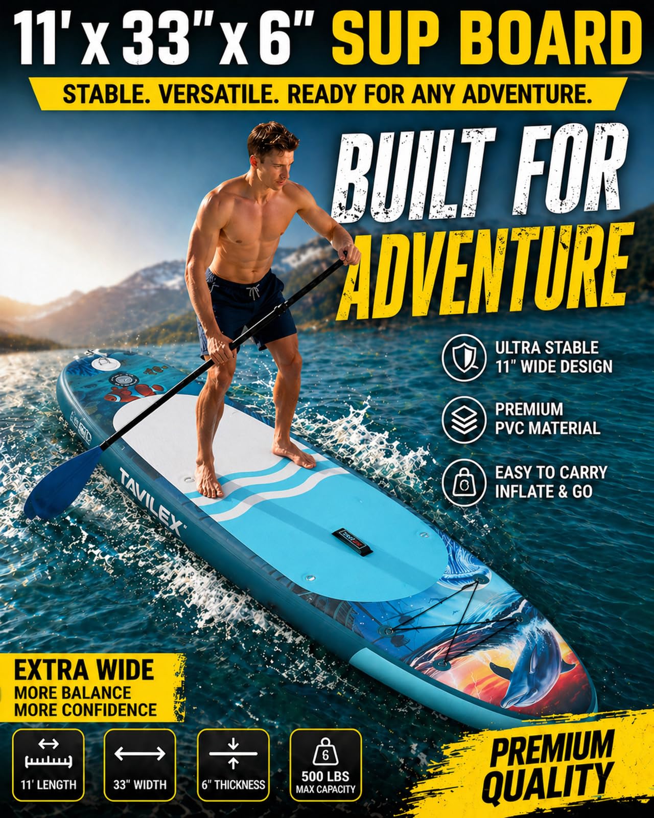 Tavilex Inflatable Stand Up Paddle Board with Seat, 11' x 33" x 6" Ultra-Wide 2-in-1 SUP Board for Adults & Youth, Stable Blow Up Paddleboard Kit with Dual-Blade Paddle (Ocean Dolphin)
