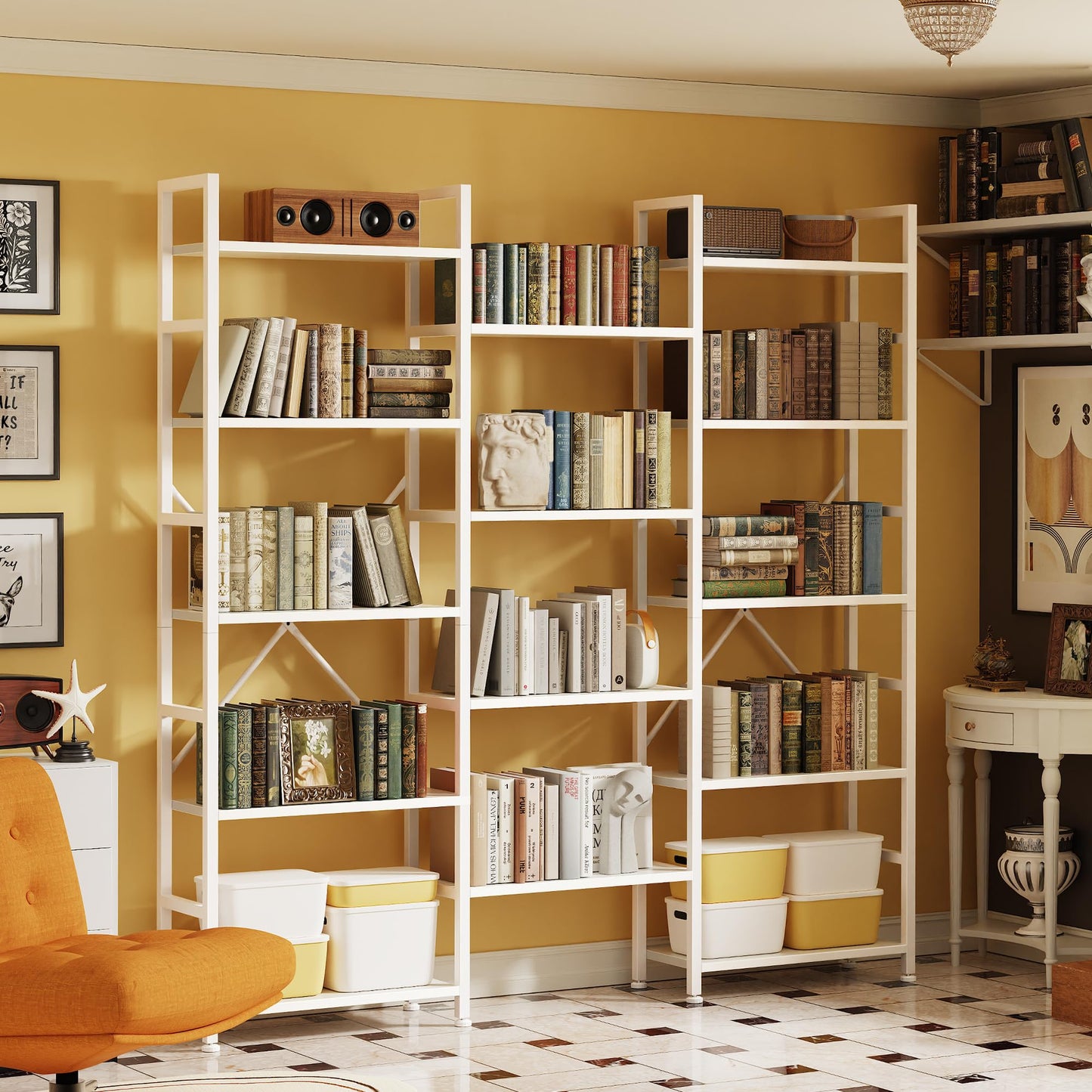 SUPERJARE Triple Bookshelf, Bookcase with 14 Open Display Shelves, Wide Book Shelf Book Case for Home & Office, 5 Tier, White