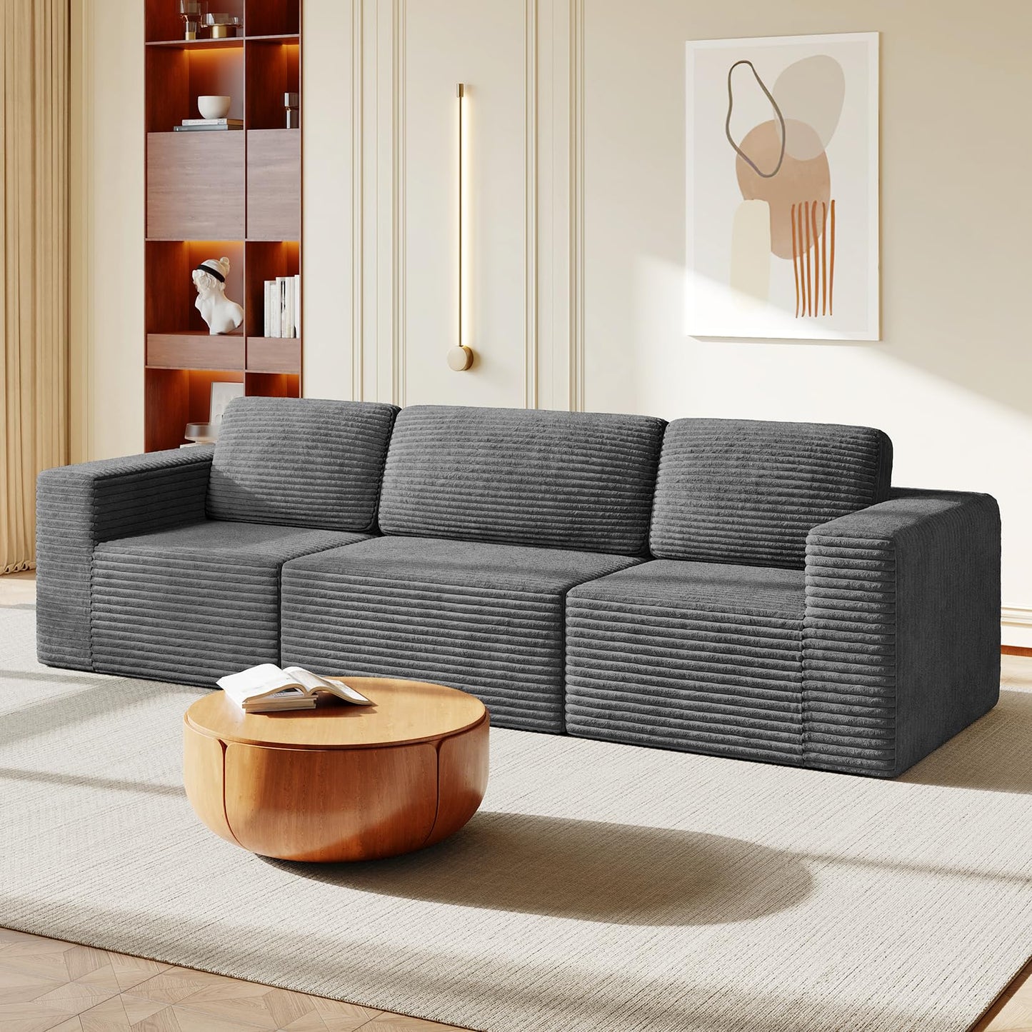 119" Modular Sofa Set, Corduroy Cloud Sectional Couch with Extra Deep Seating & Reinforced Spring System, Compact 3-Seater Boneless Sofa for Living Room & Apartment Spaces, Tool-Free Setup, Grey