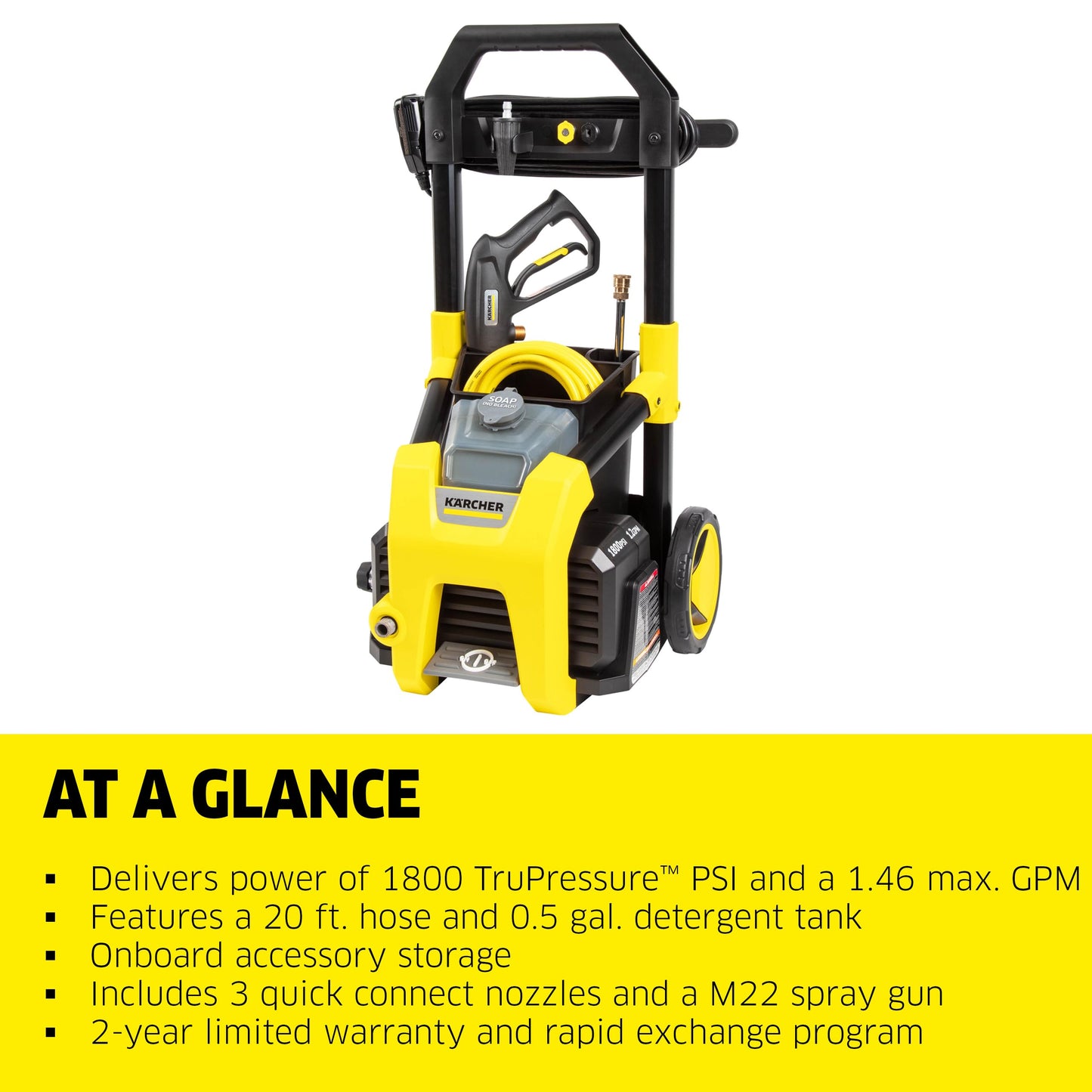 Kärcher Electric Pressure Washer K1800PS, CETA Certified, 3 Spray Nozzles, Detergent Tank, for Cars, Driveways, Siding, Patios, 1.2 GPM