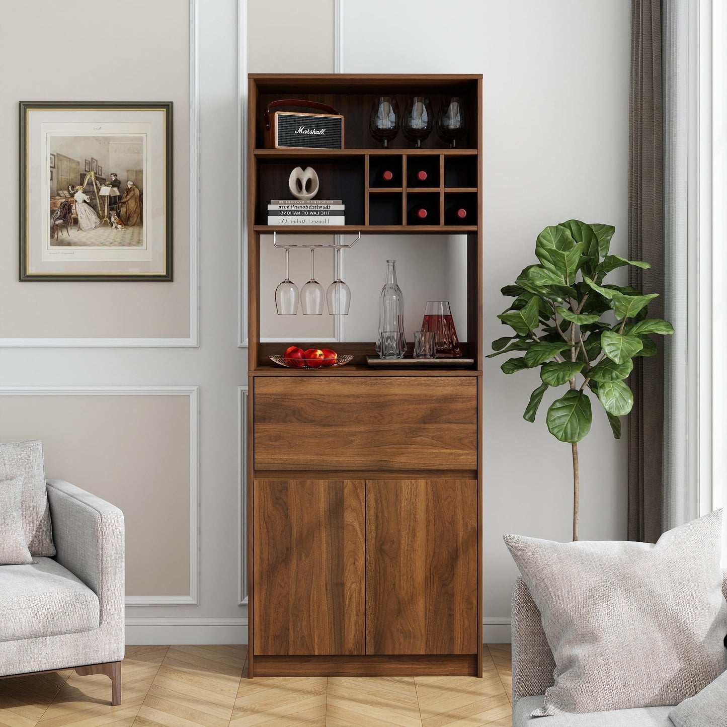 KEIKI 70.87" H Tall Kitchen Pantry Wine Bar Storage Cabinet with Countertop, Wine Rack, Glass Holder, Drawers, Wood Freestanding Hutch Food Pantries Cupboard for Coffee, Dining Living Room