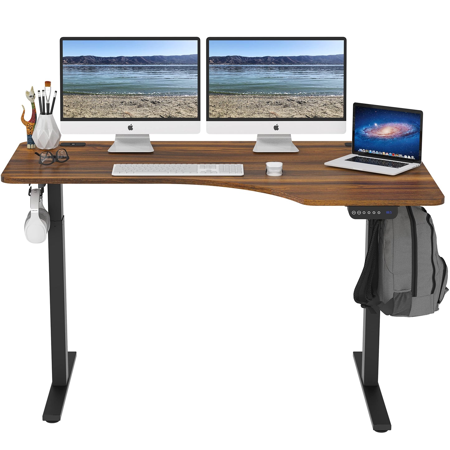 SHW 55-Inch Large Electric Height Adjustable L-Shaped Standing Desk with Right Facing Corner, Walnut