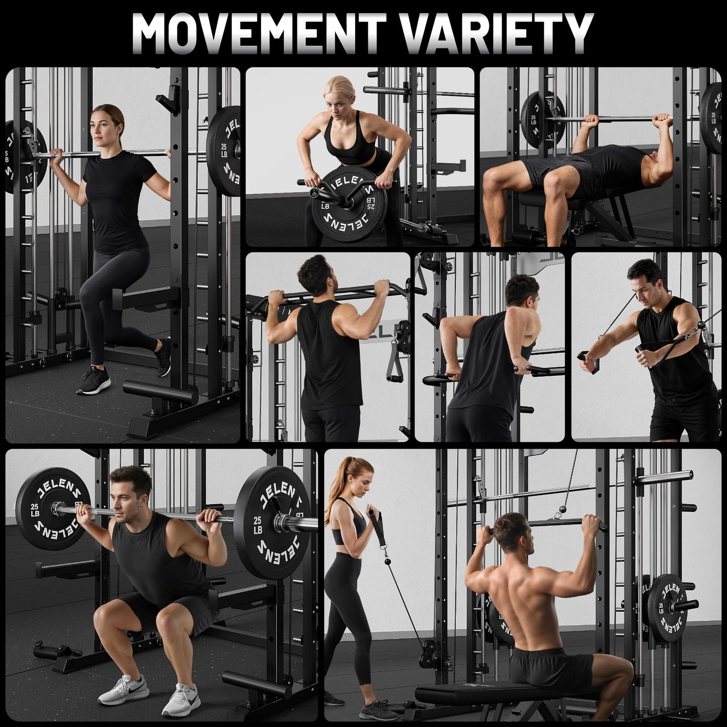 JELENS Smith Machine for Home Gym, Multi-Function M12 Power Cage, Squat Rack with Smith Bar and More Attachment (Black, M12 Smith Machine)