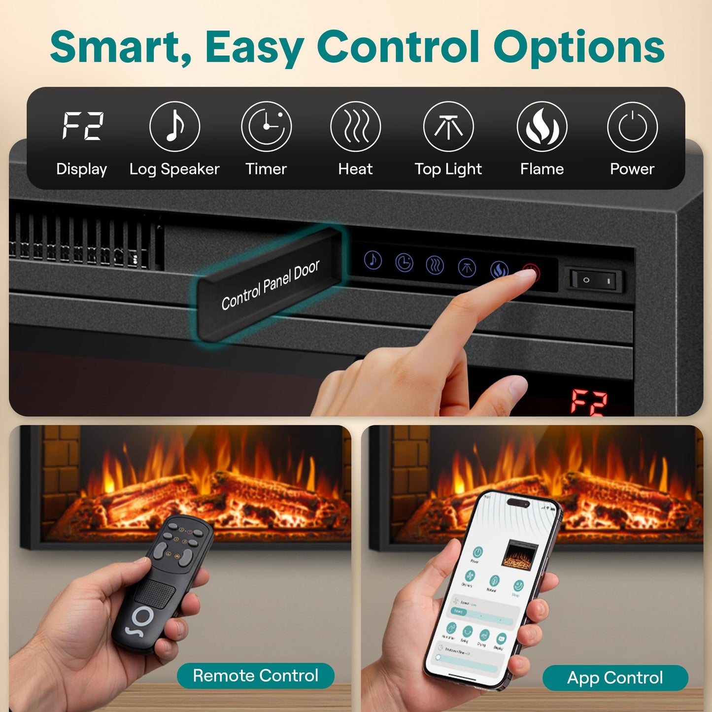 SereneLife Electric Fireplace Insert with Heater | Smart Wi-Fi App Control & Remote | 700W/1500W Adjustable Thermostat with Overheat Protection | 36"x21" Recessed or Wall Mount Design