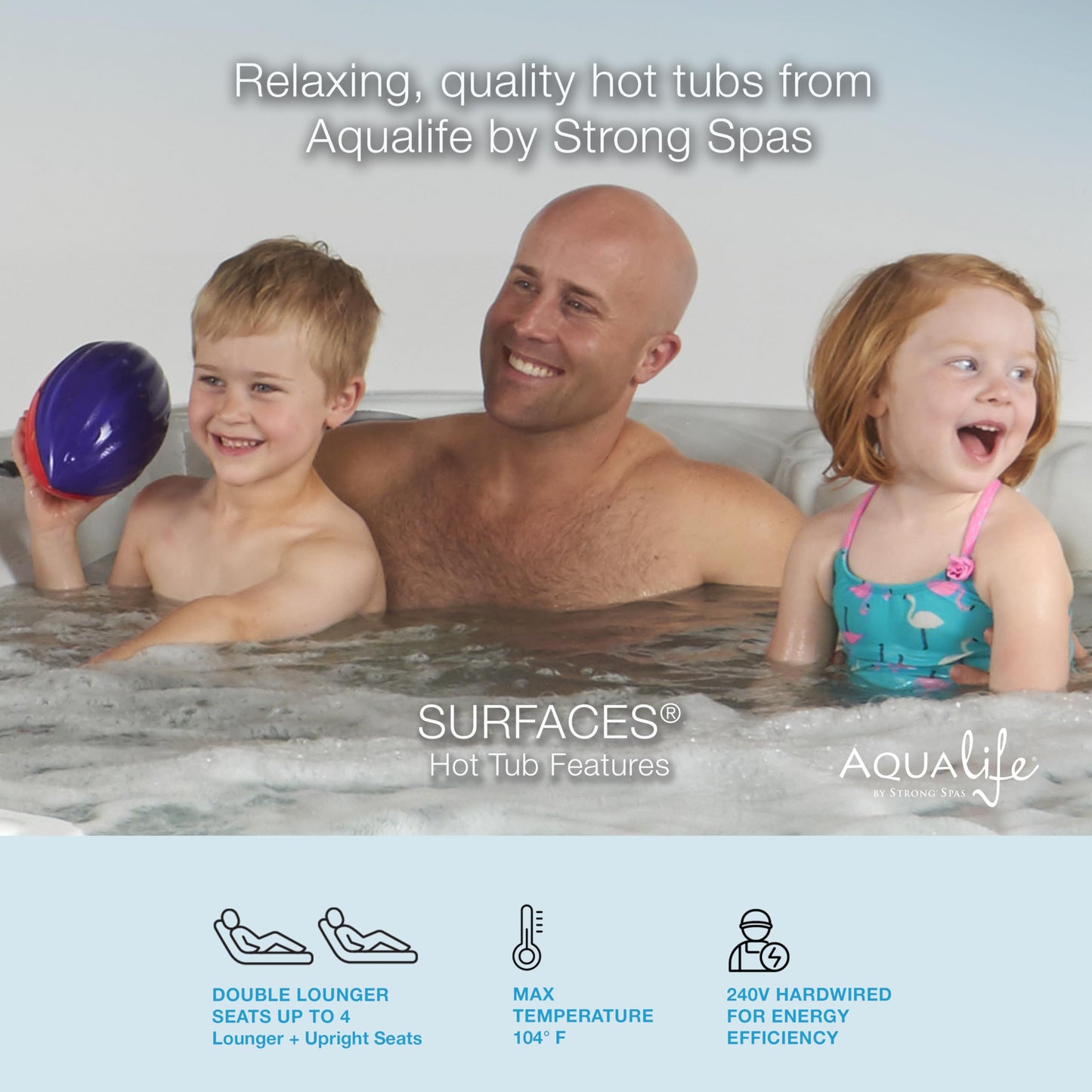 Surfaces Outdoor Hot Tub, Fits 4 Adults, 36 Jets, Double Lounger Seat Spa, Bluetooth, LED Lights, Cover Included, Wellness Tool, Aqualife by Strong Spas