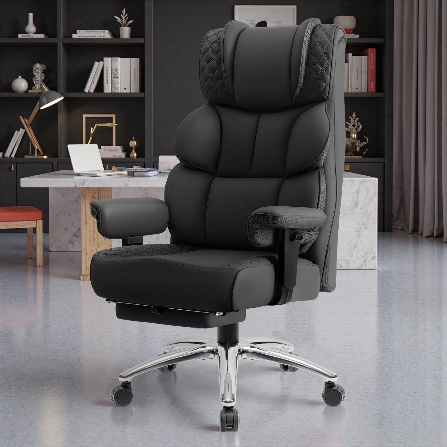 BestGlory Office Desk Chair, Big and Tall Leather Gaming Chair with Footrest, Wide Ergonomic Comfy Executive High-Back Reclining Computer Chairs, Swivel Rolling Wheels and Padded Lumbar Support, Black