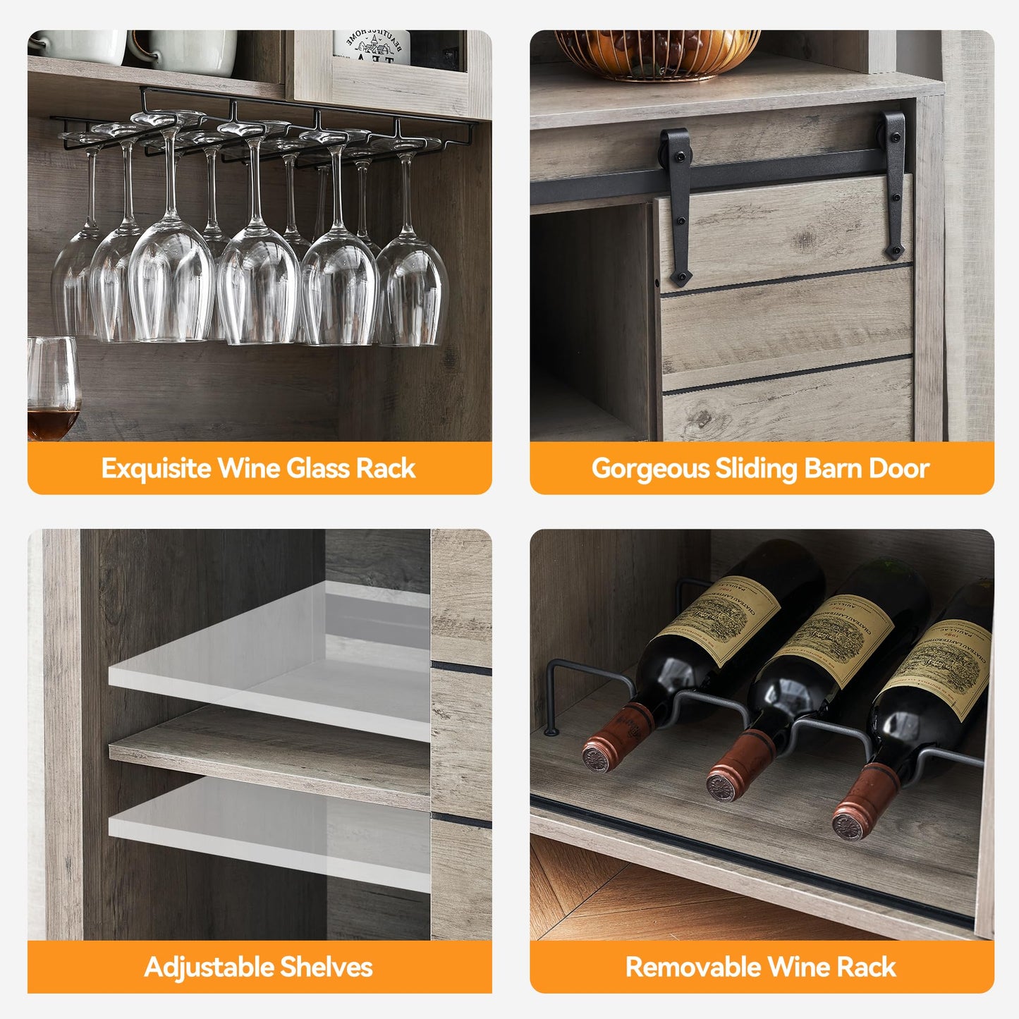 GarveeHome 70 in Tall Farmhouse Coffee Bar Cabinet, Kitchen Hutch Storage with Sliding Barn Door, Kitchen Buffet with Wine Rack, Glass Holder, Wine Bar Cabinet for Dining Room, Living Room, Gray