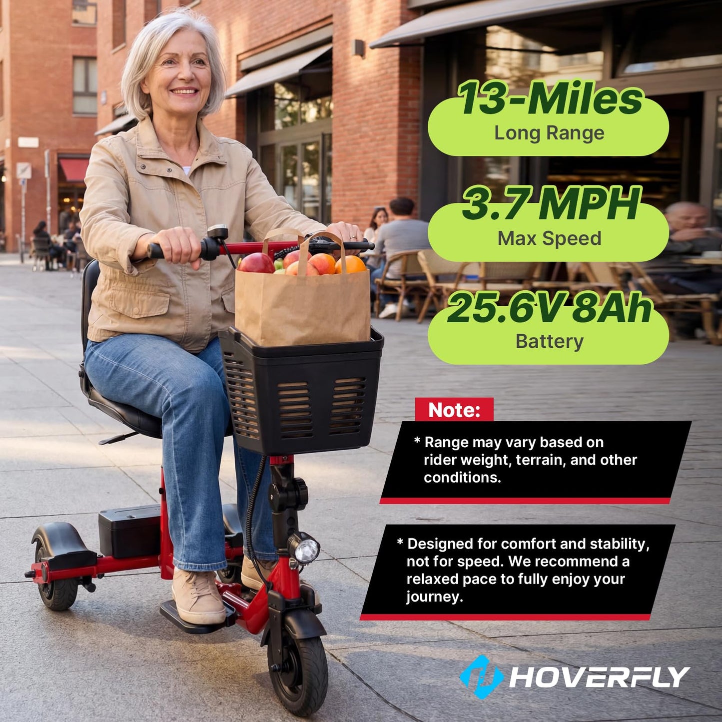 Hoverfly T3 Folding Powered Mobility Scooter for Seniors, Portable 3-Wheel E-Scooter with Seat, 13-Mile Range Safe LiFePO4 Battery, 264 lbs Load &Solid 8" Tires, Fits in Car Trunks for Daily Rides Red