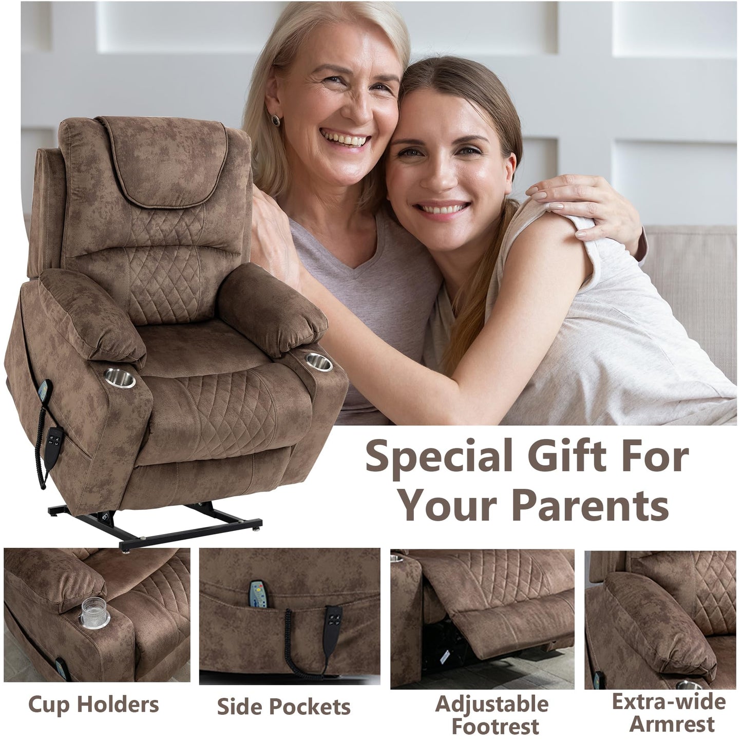 RHHVVR Oversized Power Lift Recliner Chair for Big and Tall, 25" Large Electric Recliner Chair with Massage and Heating, Dual Motor Zero Gravity Recliner Sofa, Velvet, Brown